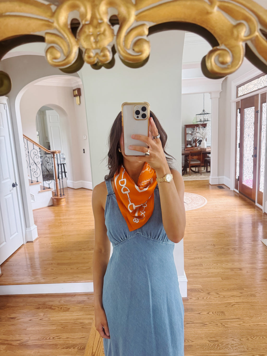 Orange & White Horse Bit Silk Scarf- 26x26