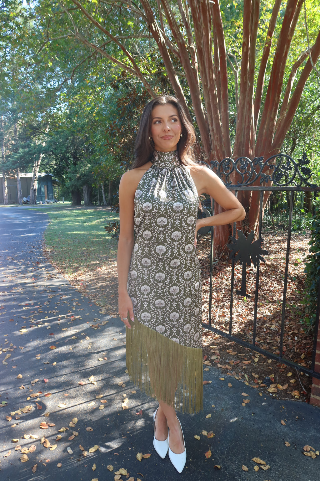 Olive Estate Fringe Midi Dress- Olive