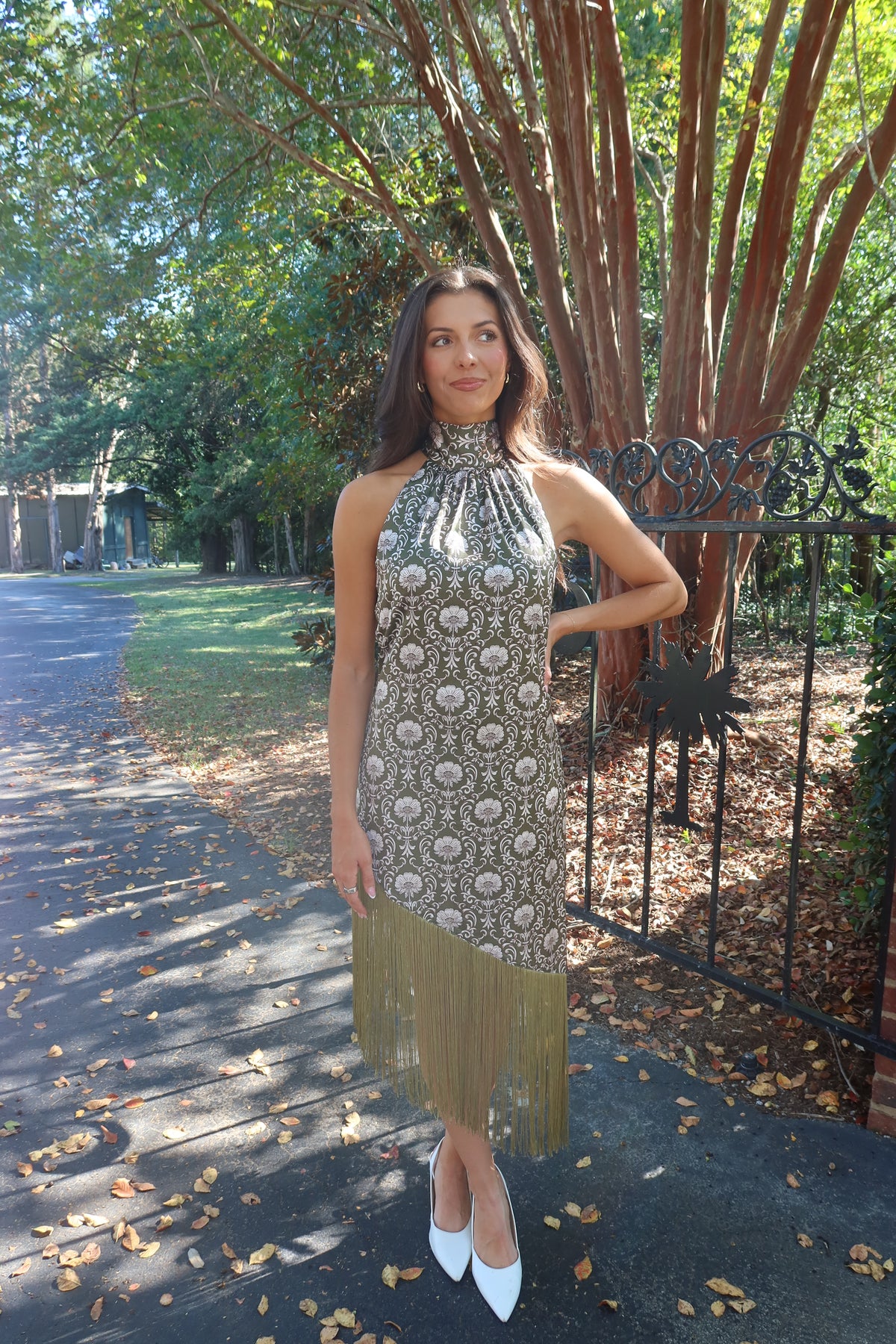 Olive Estate Fringe Midi Dress- Olive