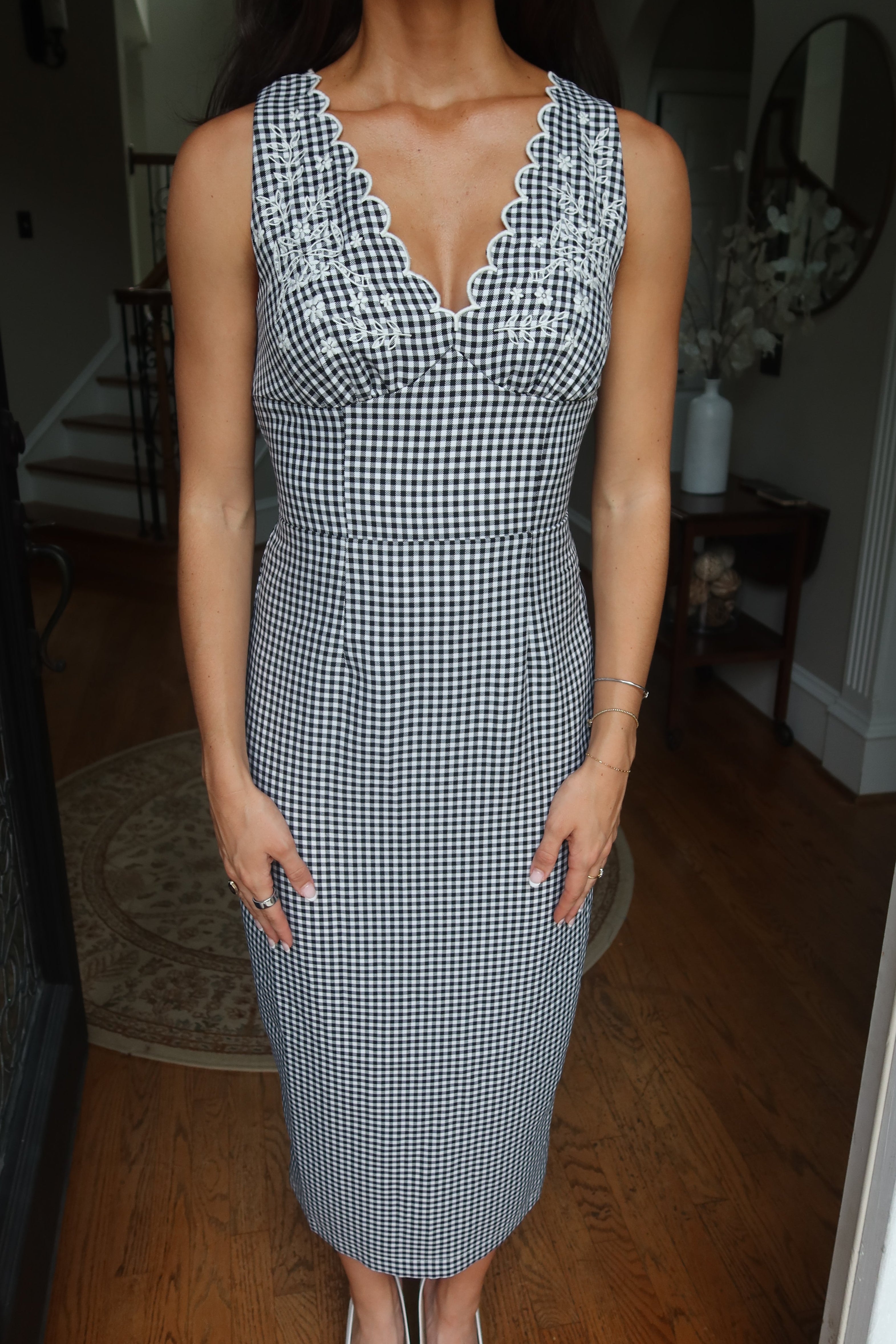 Gingham Scalloped Midi Dress- Black/White