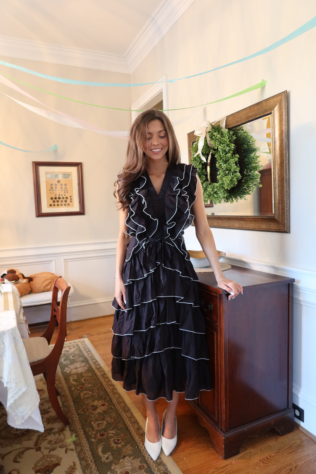 Uptown Ruffled Midi Dress- Black/White