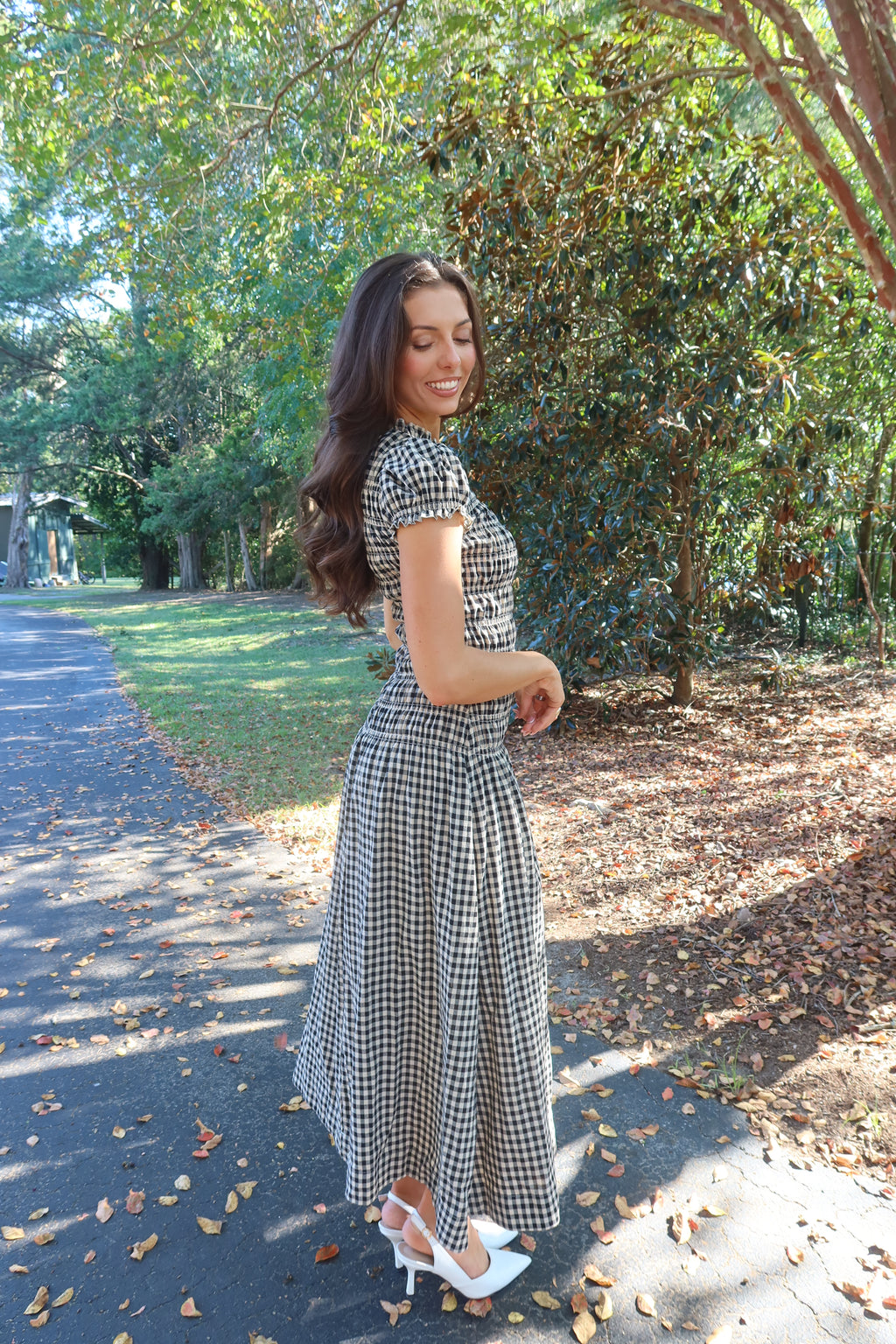 Glenwood Gingham Maxi Dress- Black/Taupe