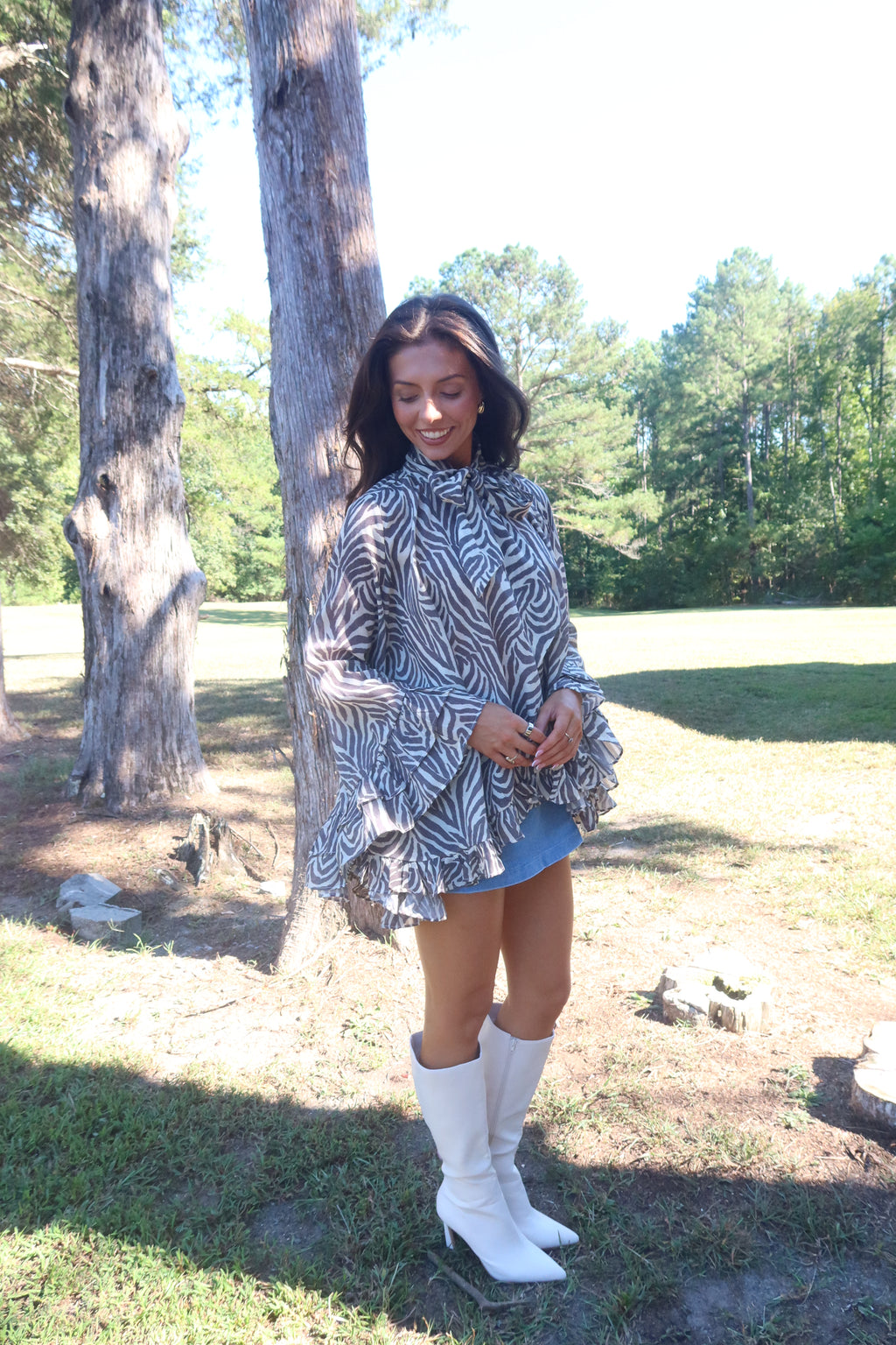 Savanna Zebra Ruffle Blouse- Taupe Grey/Cream