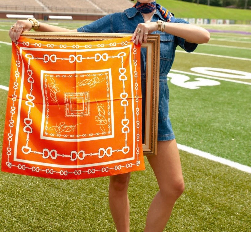Orange & White Horse Bit Silk Scarf- 26x26