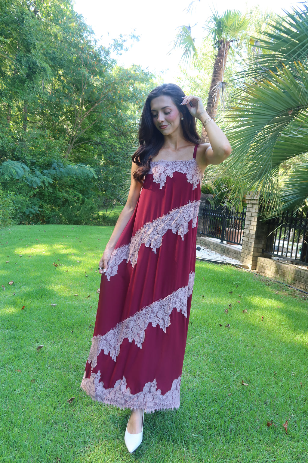 Cranberry Lace Dreams Maxi Dress- Burgundy