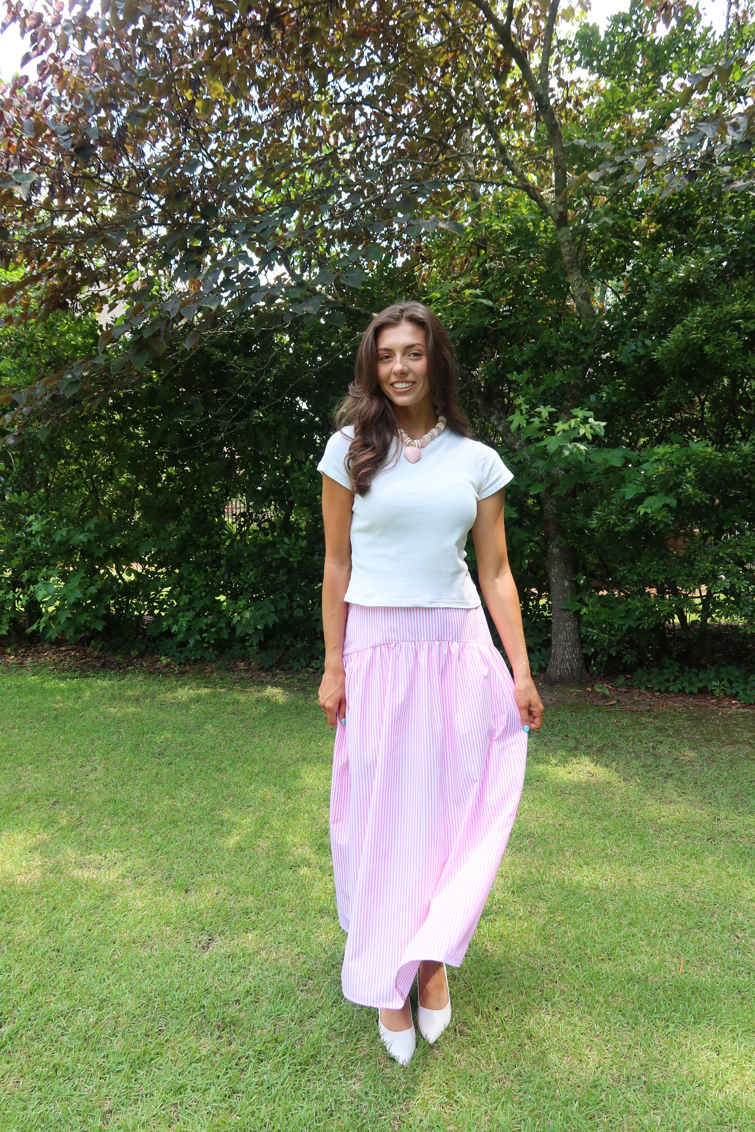 Pink Lemonade Striped Maxi Skirt- Pink/White