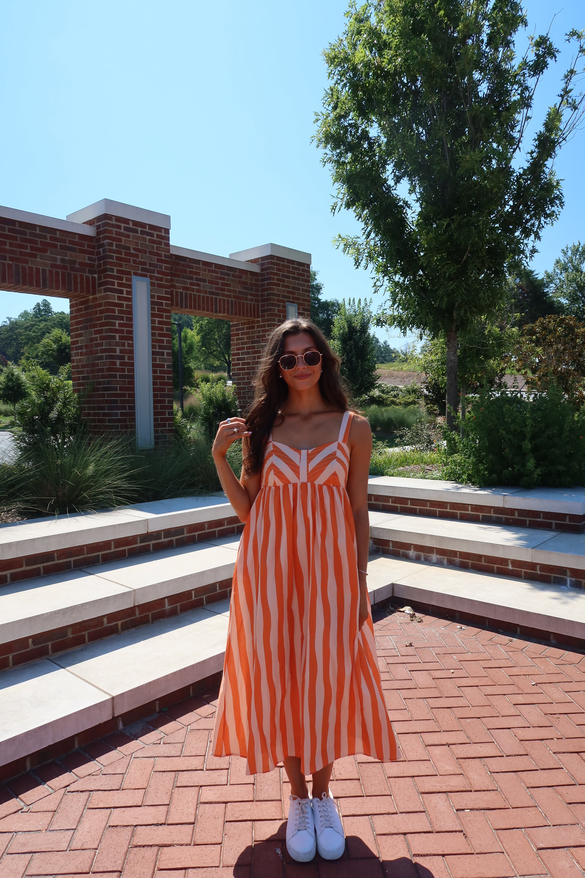 Sideline Stripe Midi Dress- Orange/Cream