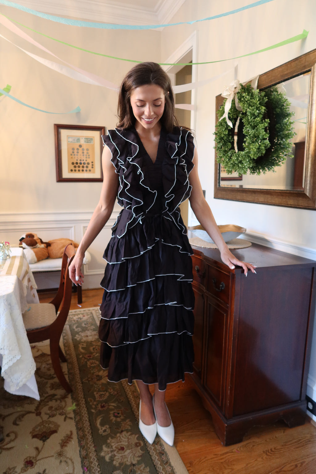 Uptown Ruffled Midi Dress- Black/White