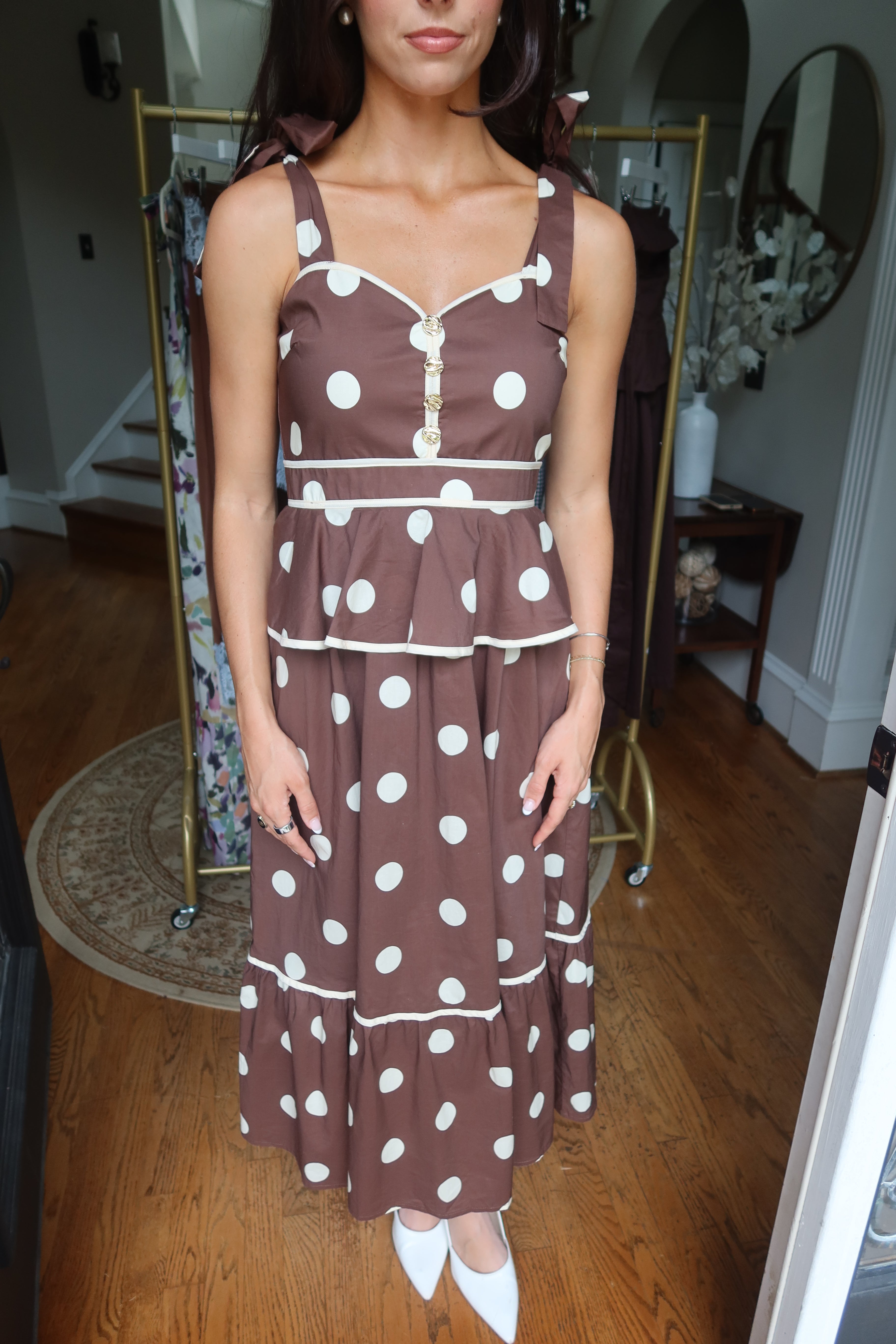 Autumn Social Polka Dot Midi Dress- Brown/Cream
