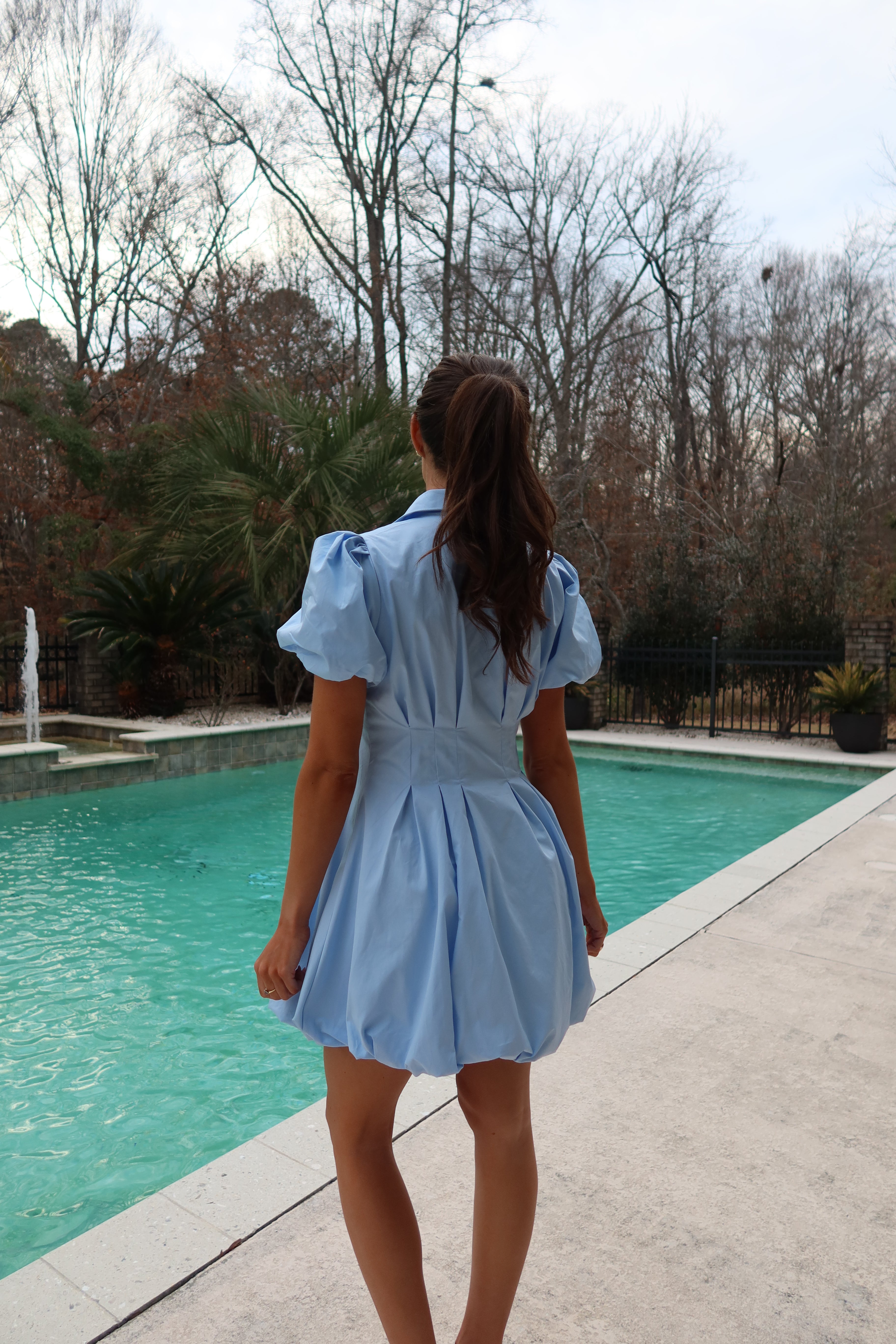 Poppy Bubble Sleeve Mini Dress- Baby Blue