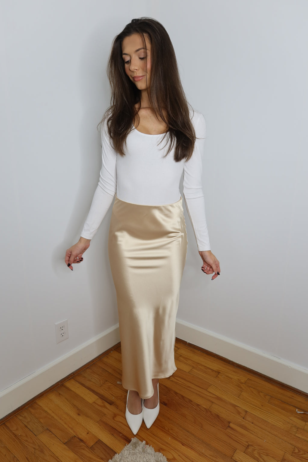 Loren Satin Midi Skirt- Champagne