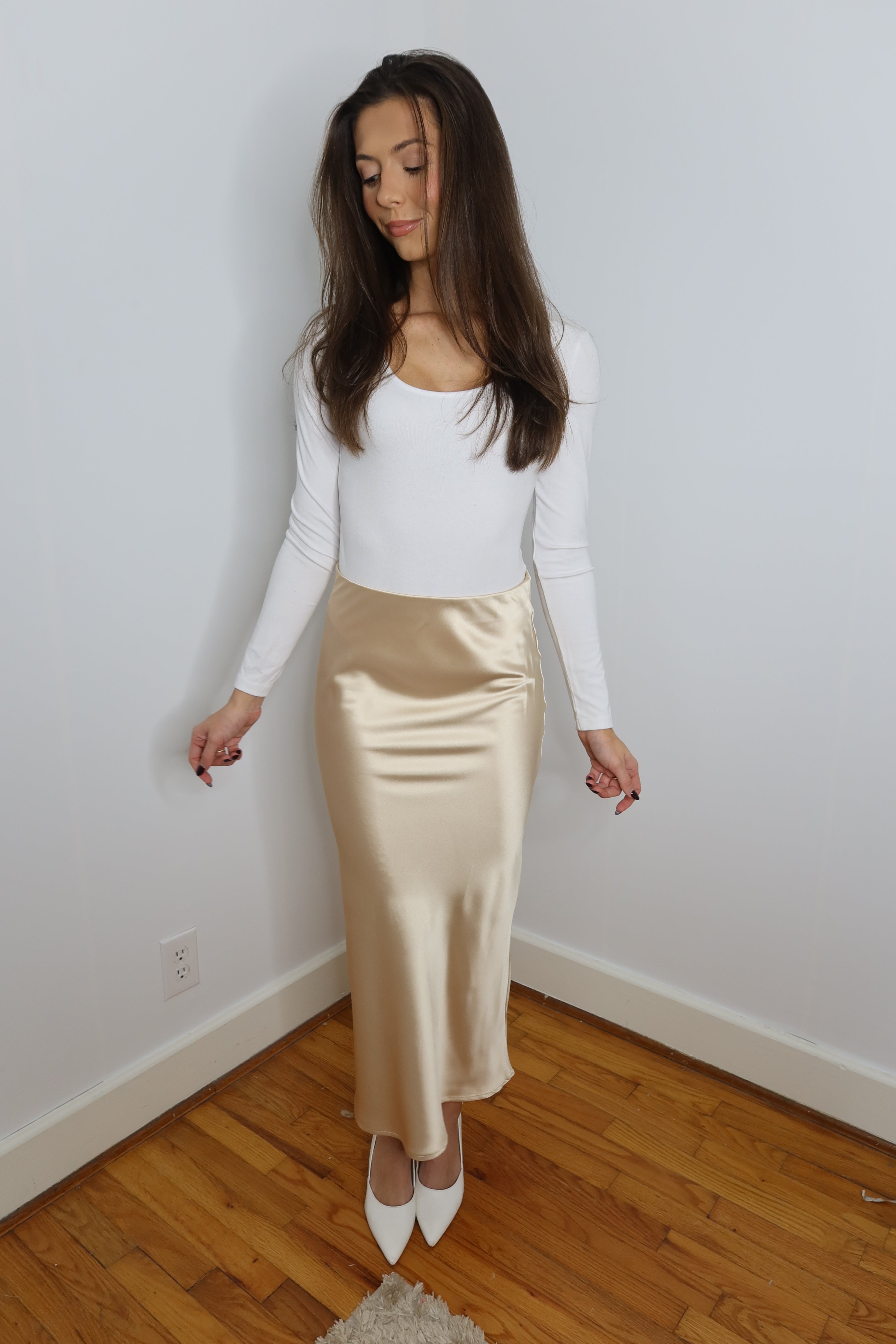 Loren Satin Midi Skirt- Champagne