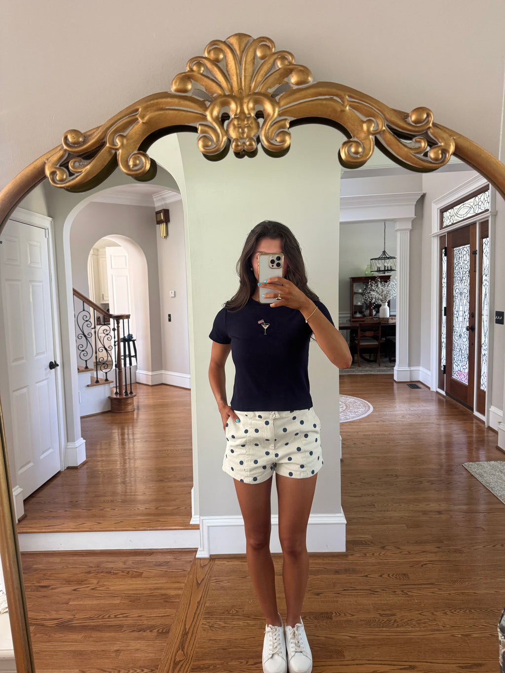 Polka Dot Denim Short- Cream/Navy