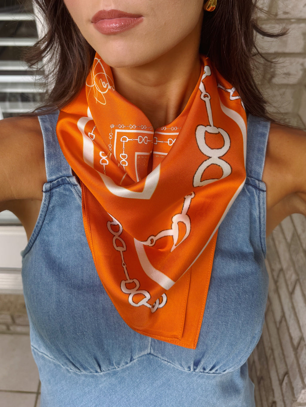 Orange & White Horse Bit Silk Scarf- 26x26