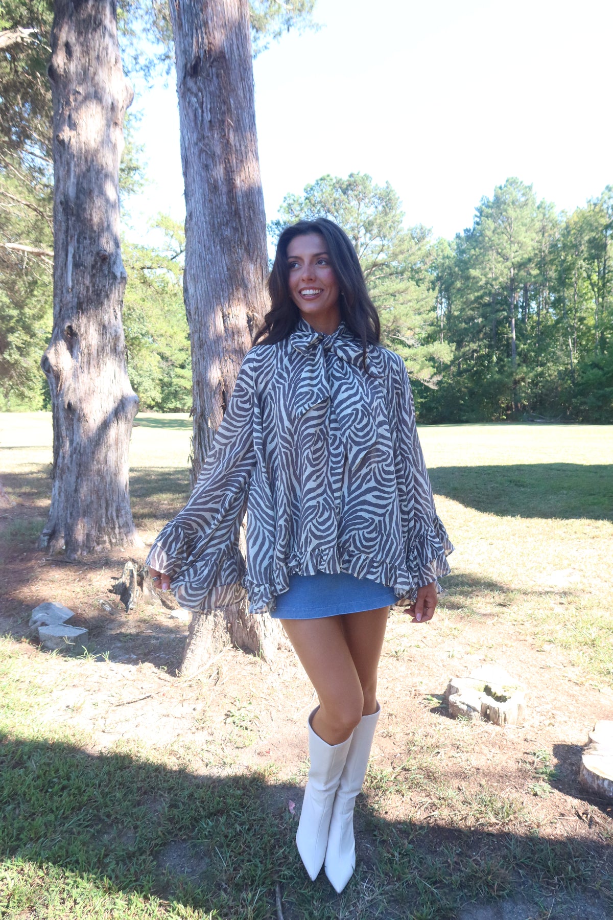 Savanna Zebra Ruffle Blouse- Taupe Grey/Cream