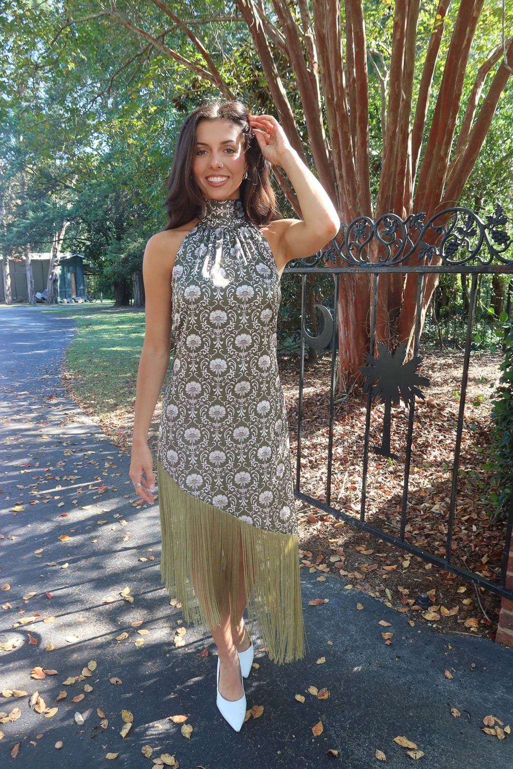 Olive Estate Fringe Midi Dress- Olive