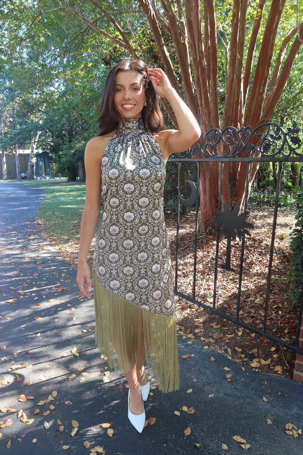 Olive Estate Fringe Midi Dress- Olive