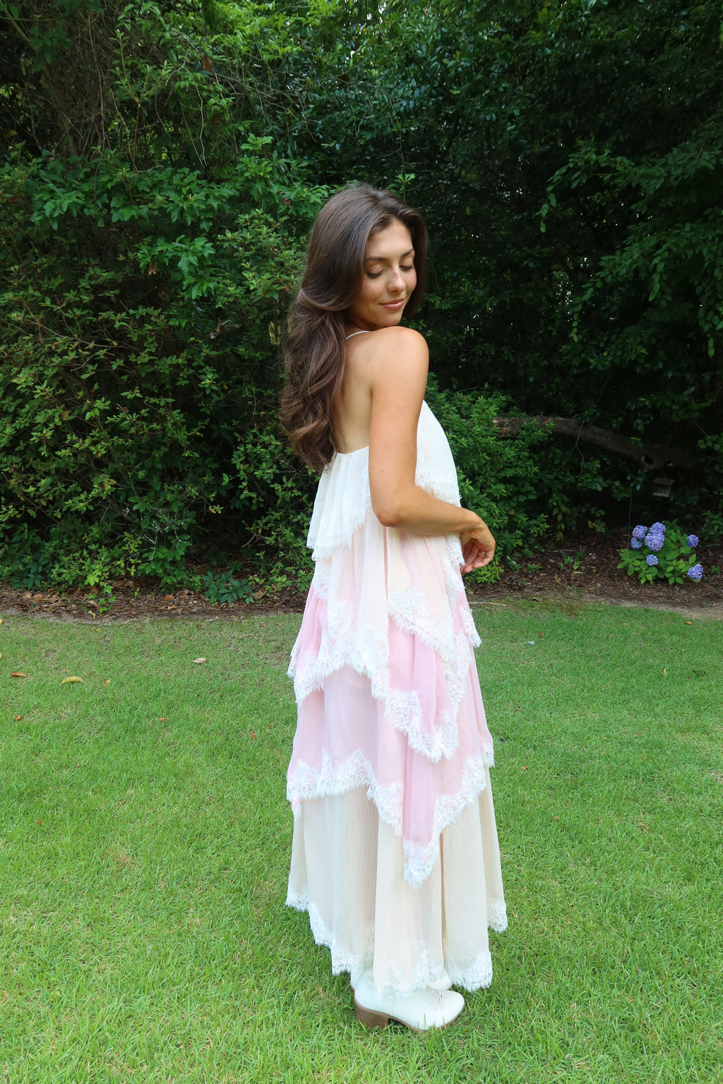 Ophelia Lace Maxi Dress- Pink/Cream