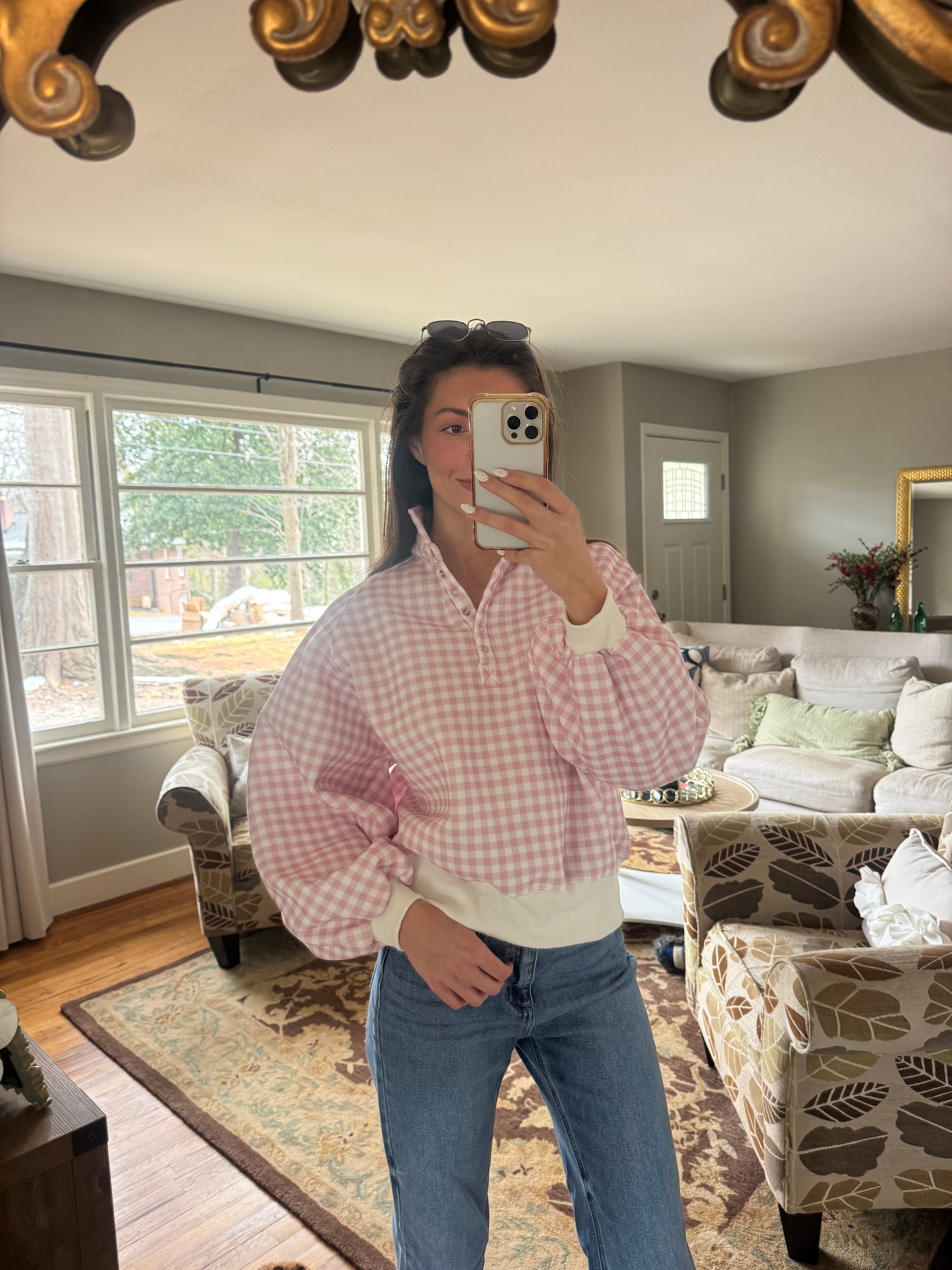 Checkered Snap Pullover- Pink/White