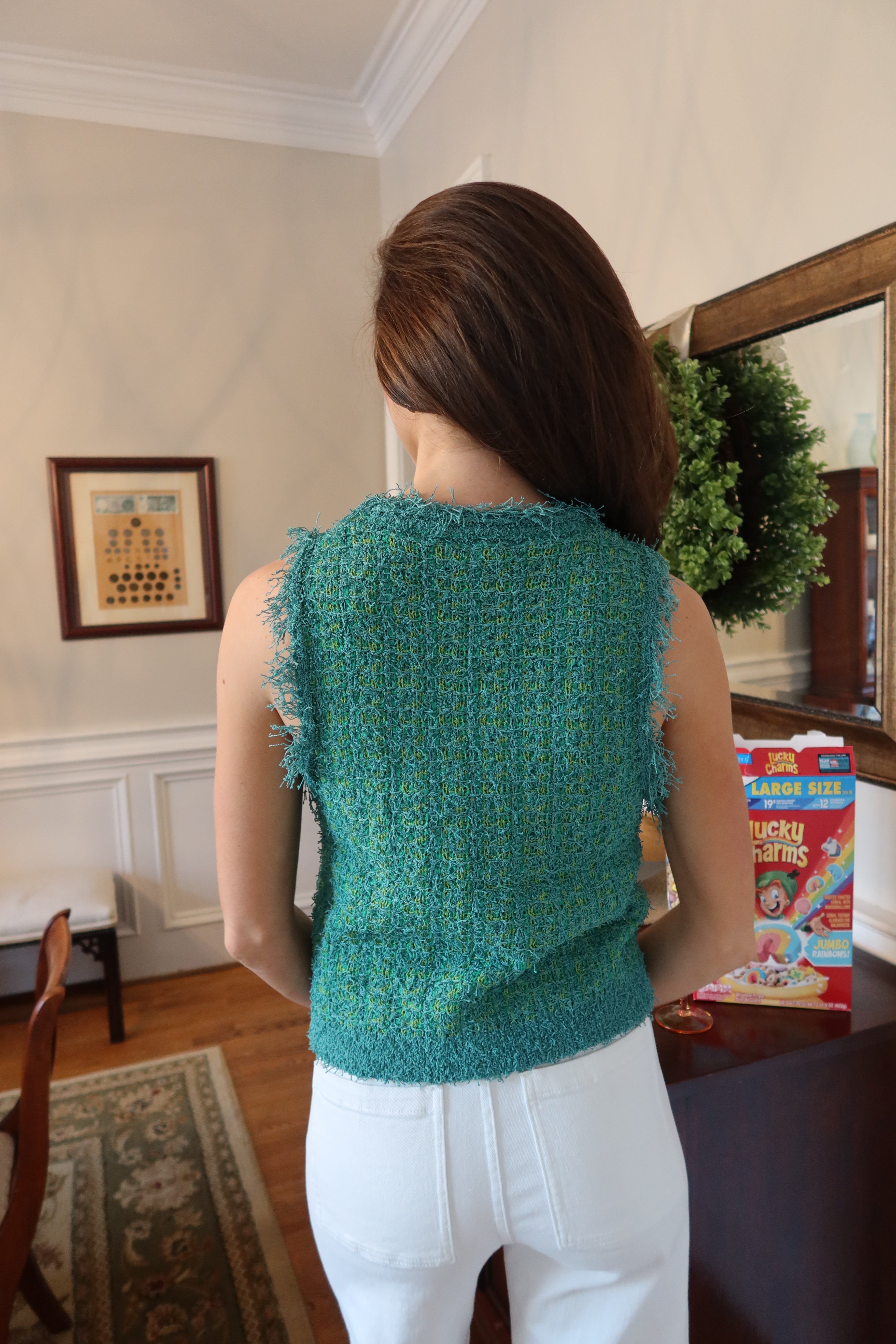 Lucky Girl Tweed Knit Vest- Green
