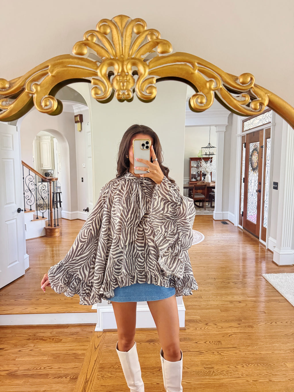 Savanna Zebra Ruffle Blouse- Taupe Grey/Cream