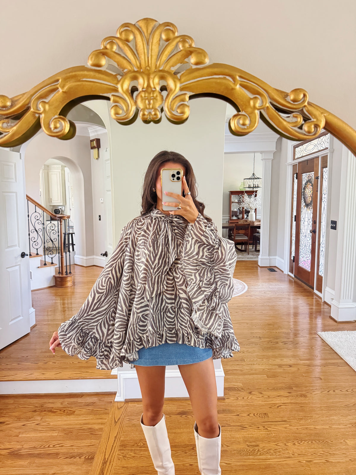 Savanna Zebra Ruffle Blouse- Taupe Grey/Cream