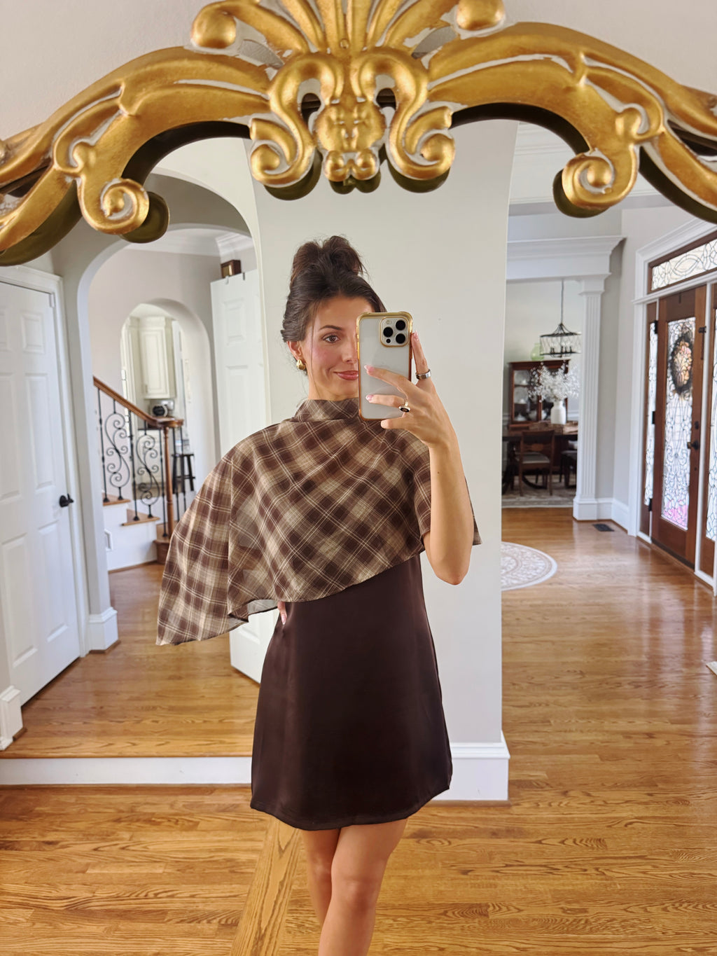 Park Avenue Plaid Cape Mini Dress- Cocoa