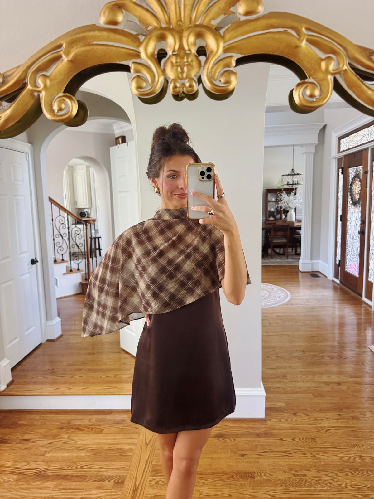 Park Avenue Plaid Cape Mini Dress- Cocoa