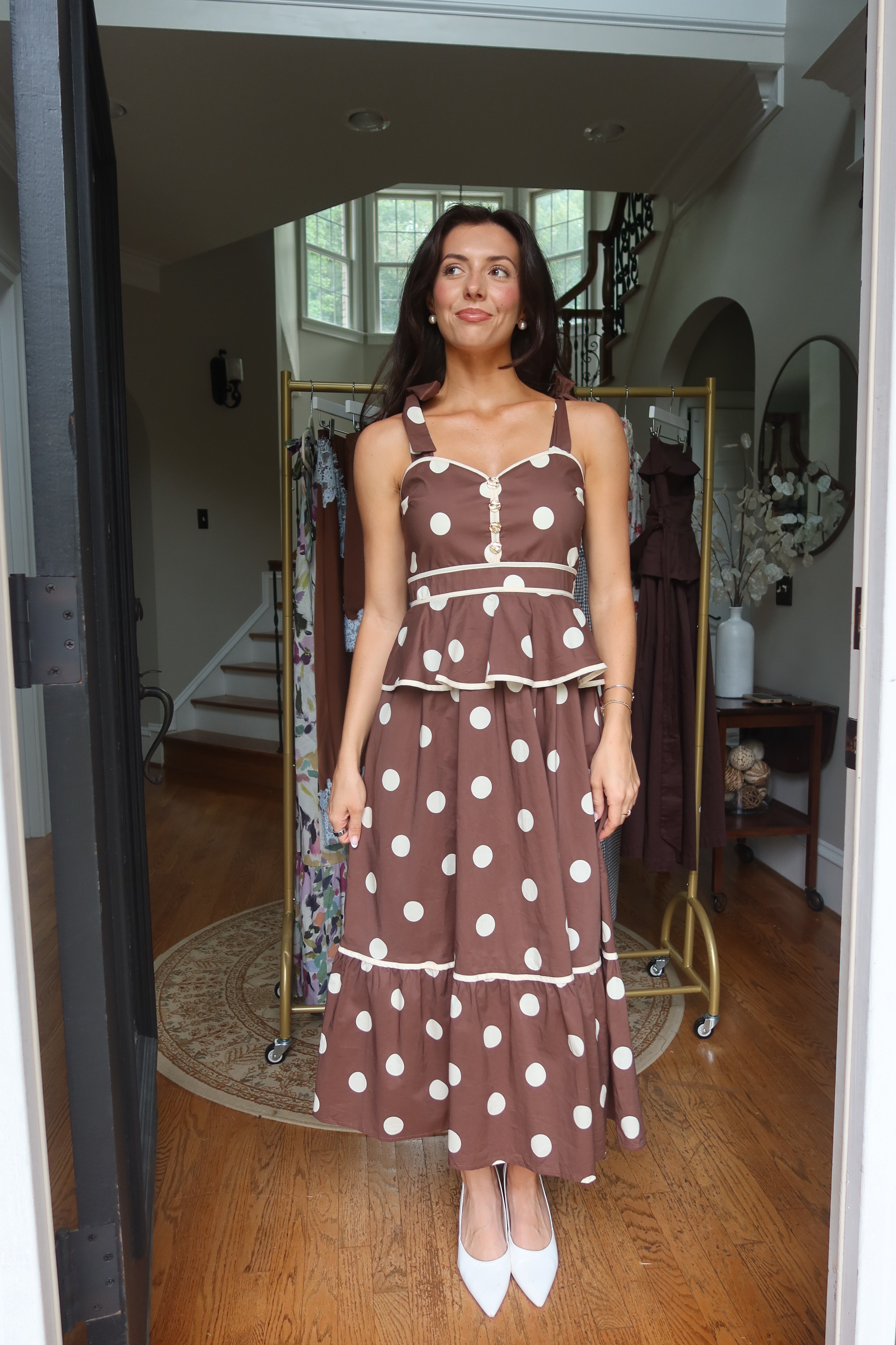 Autumn Social Polka Dot Midi Dress- Brown/Cream