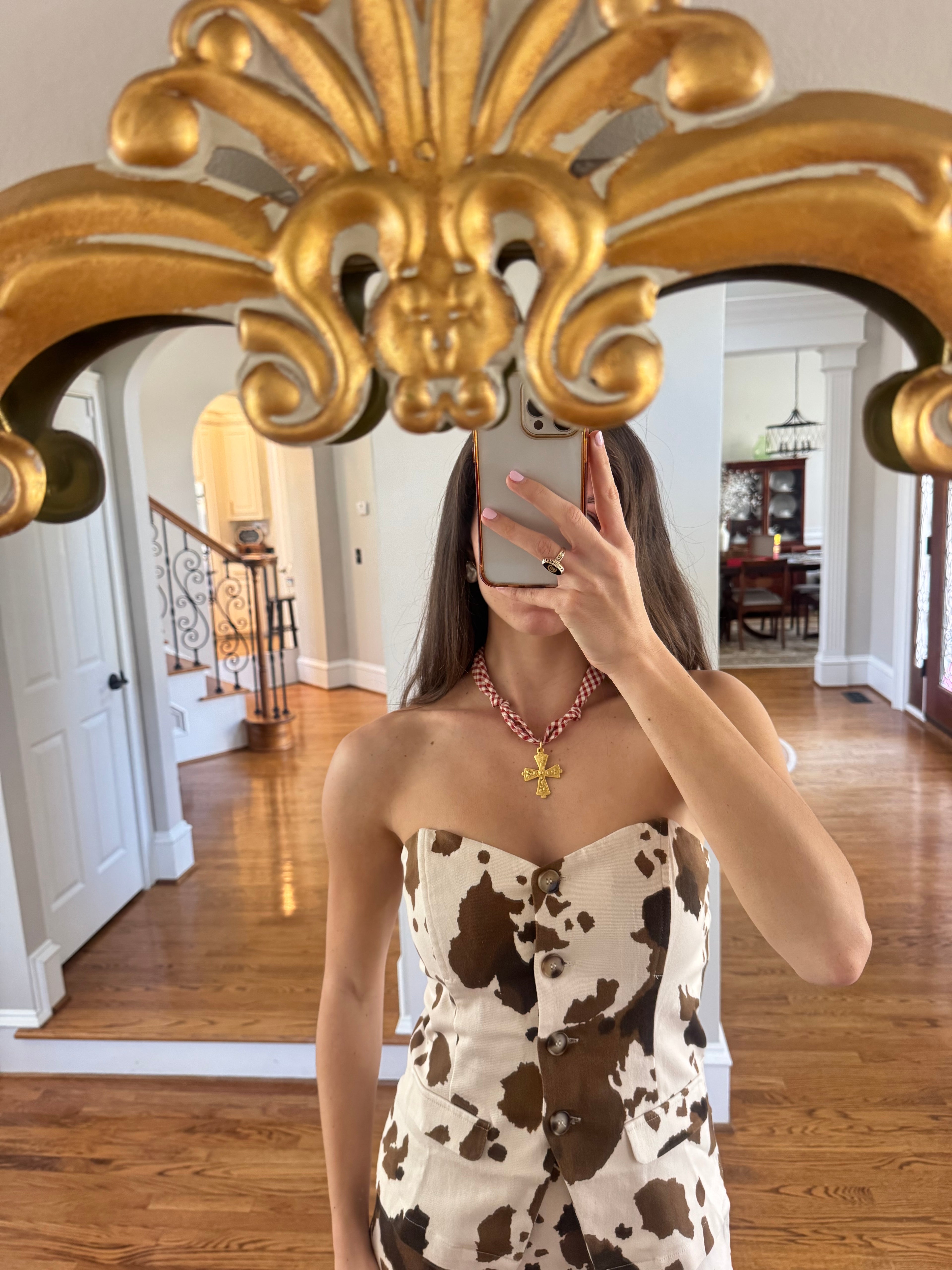 Gingham Sweetheart Scarf Necklace- Red/White