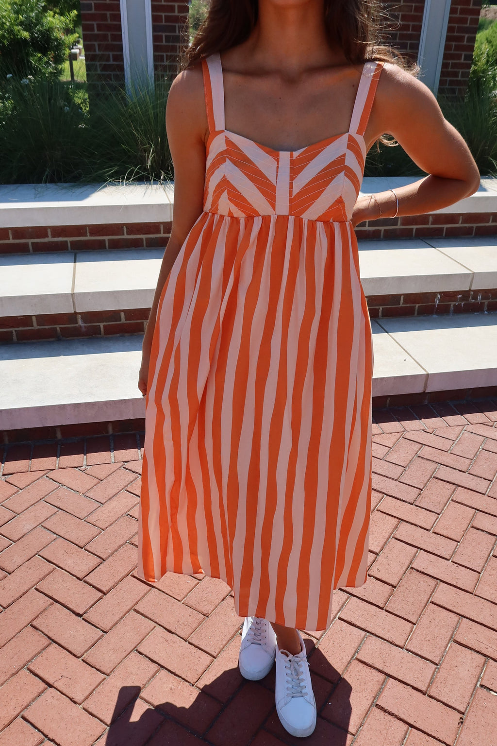 Sideline Stripe Midi Dress- Orange/Cream