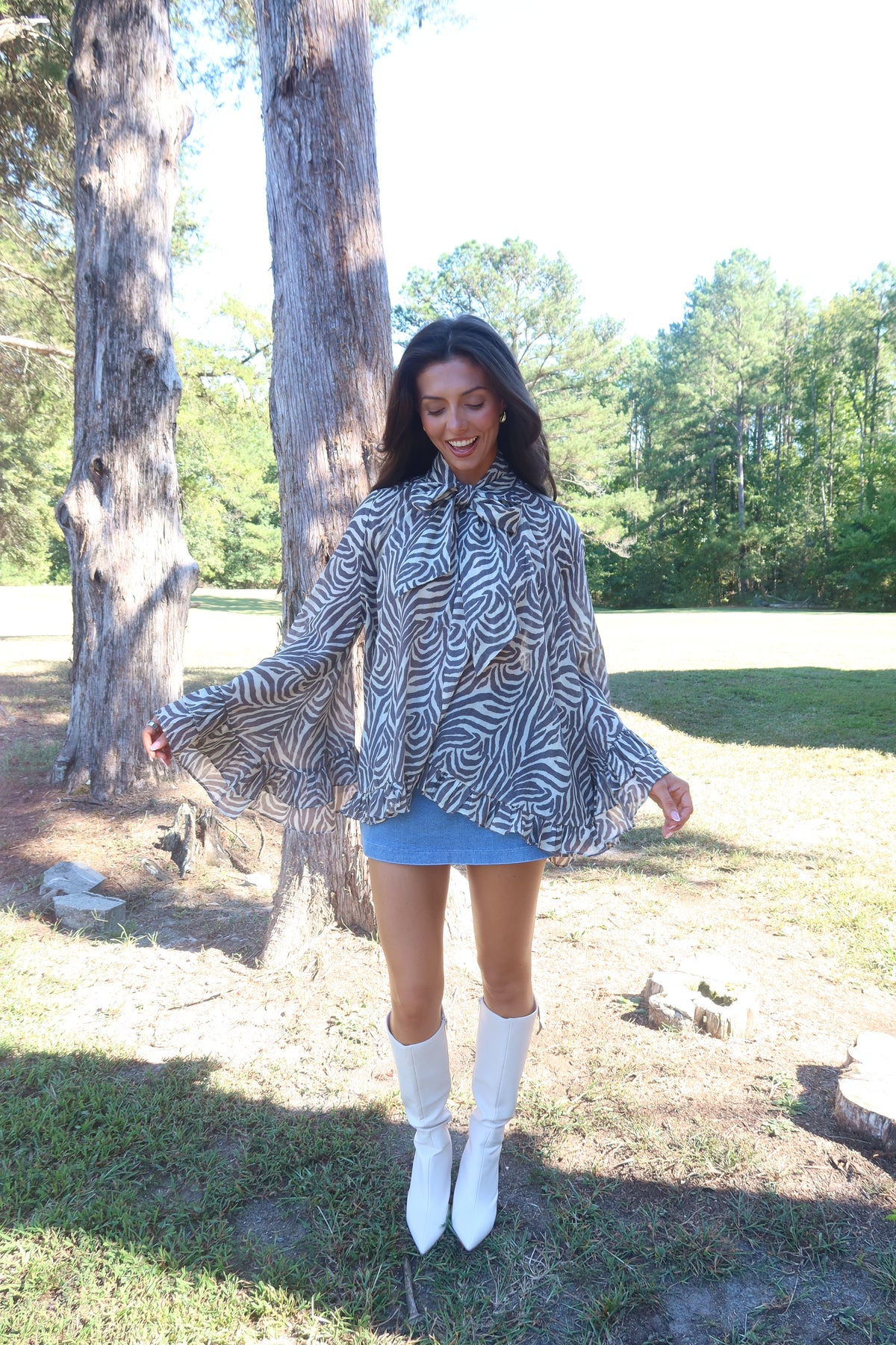 Savanna Zebra Ruffle Blouse- Taupe Grey/Cream