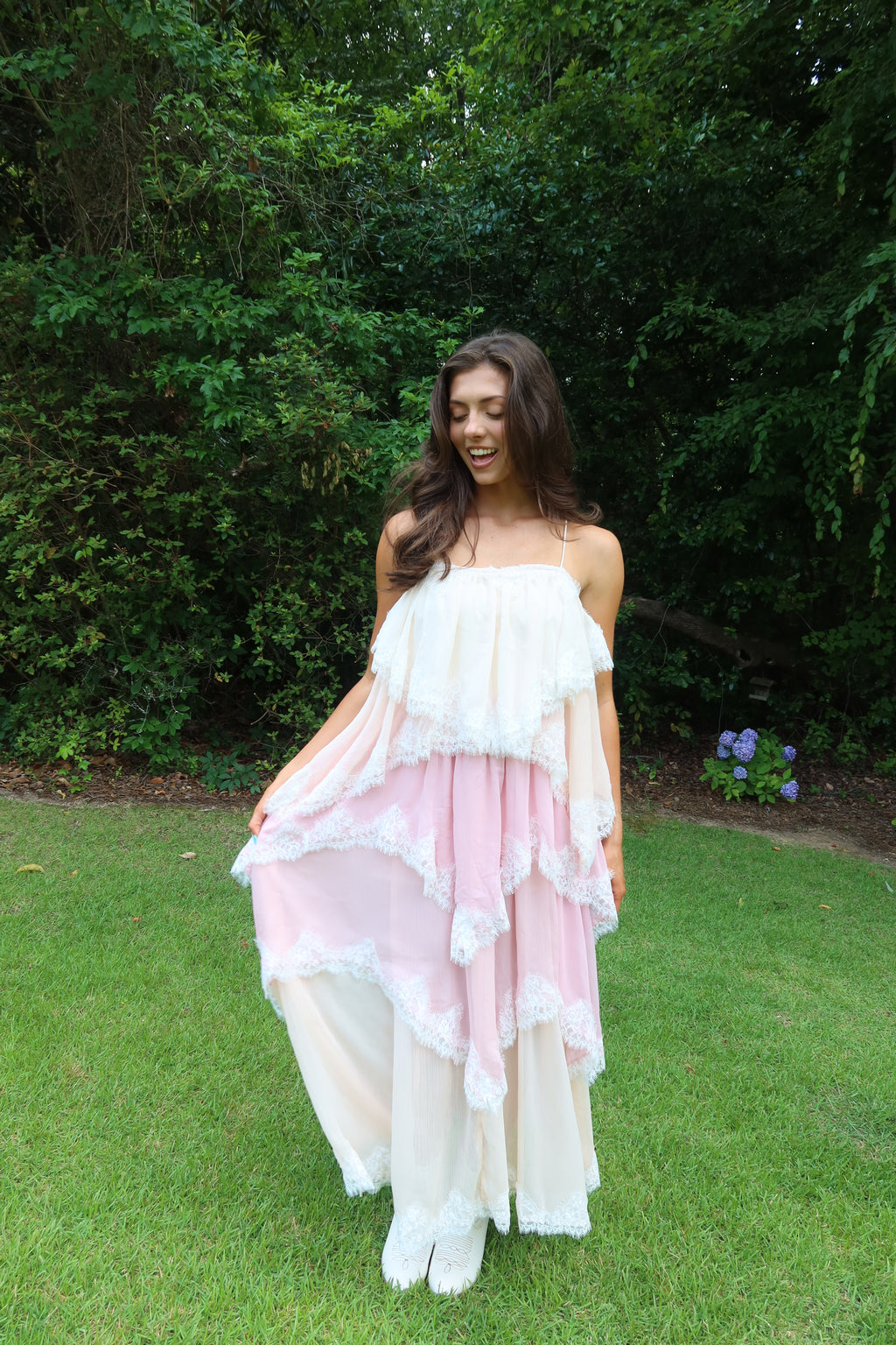 Ophelia Lace Maxi Dress- Pink/Cream