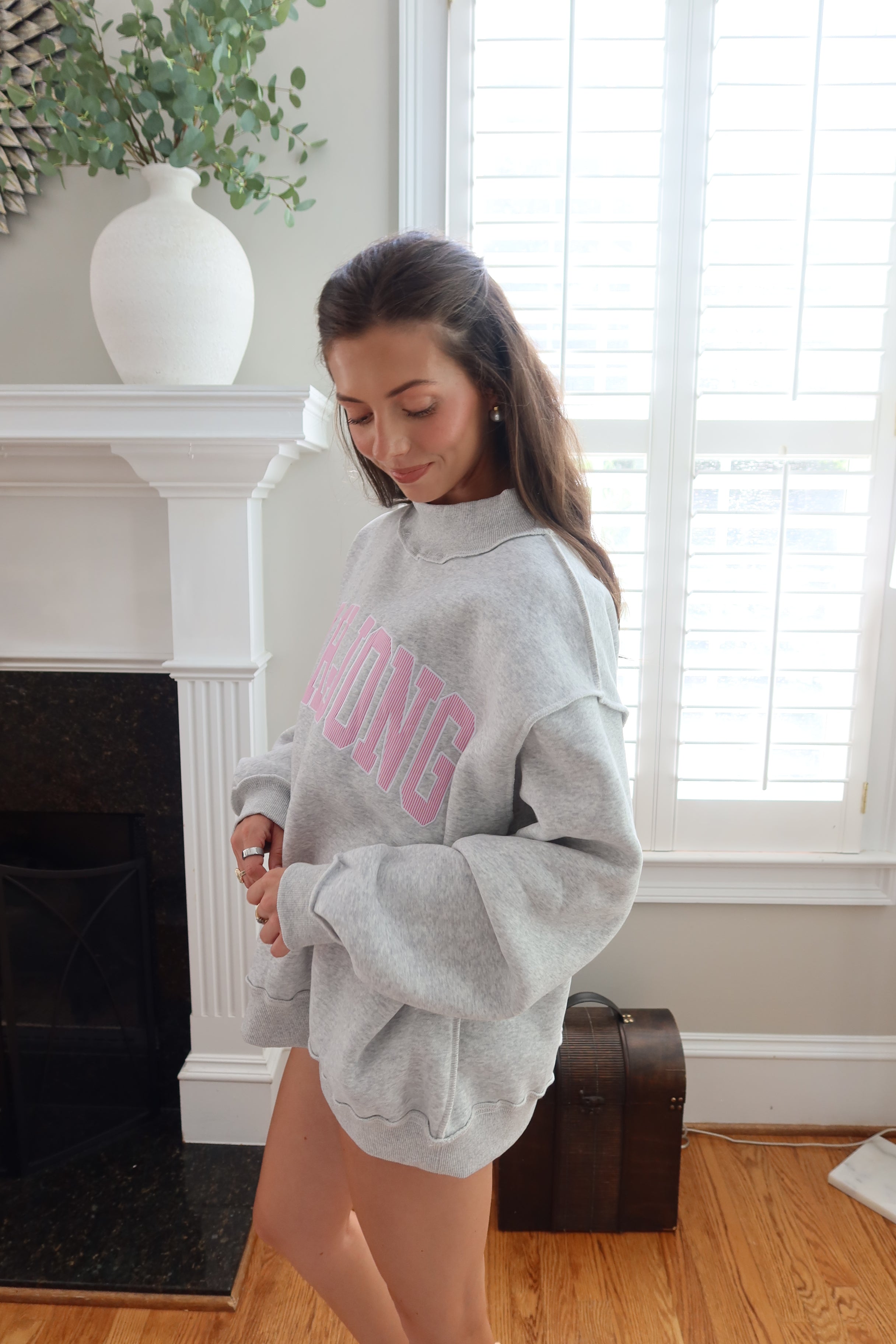 Mahjong Embroidered Sweatshirt- Heather Grey/Pink Stripe