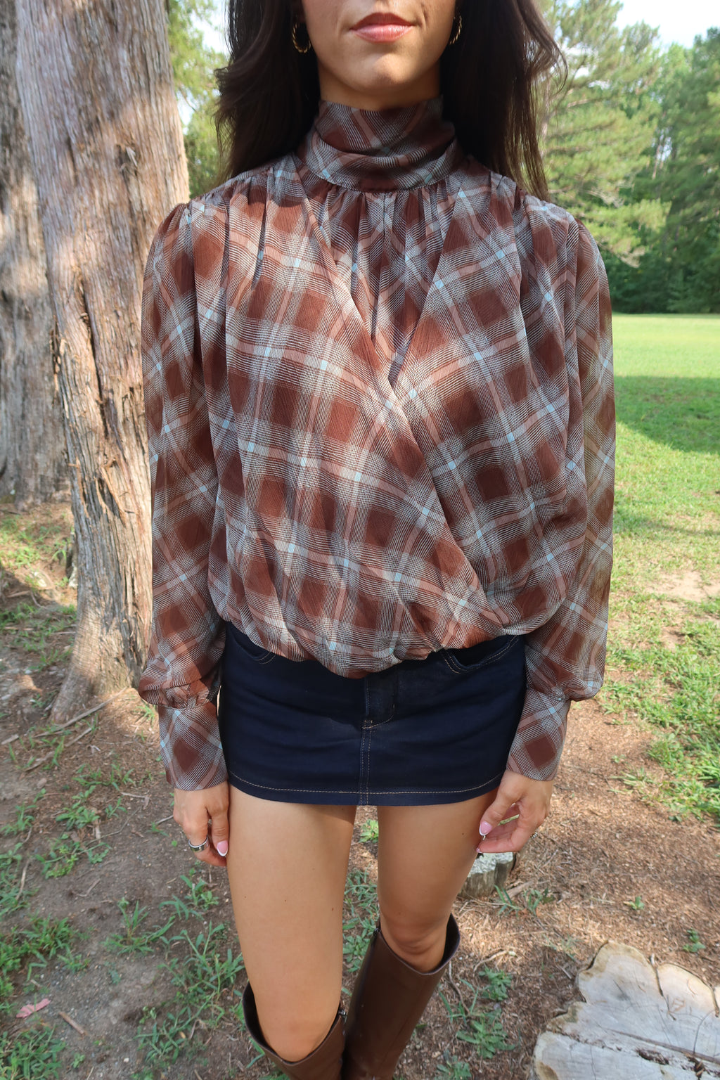 Audrey Plaid Blouse- Brown/Light Blue