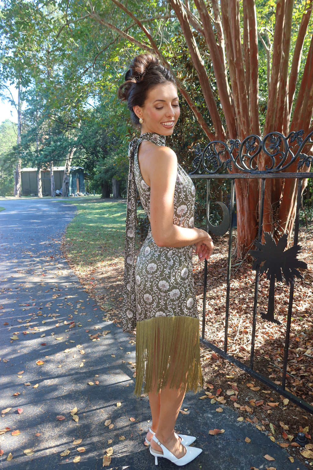 Olive Estate Fringe Midi Dress- Olive