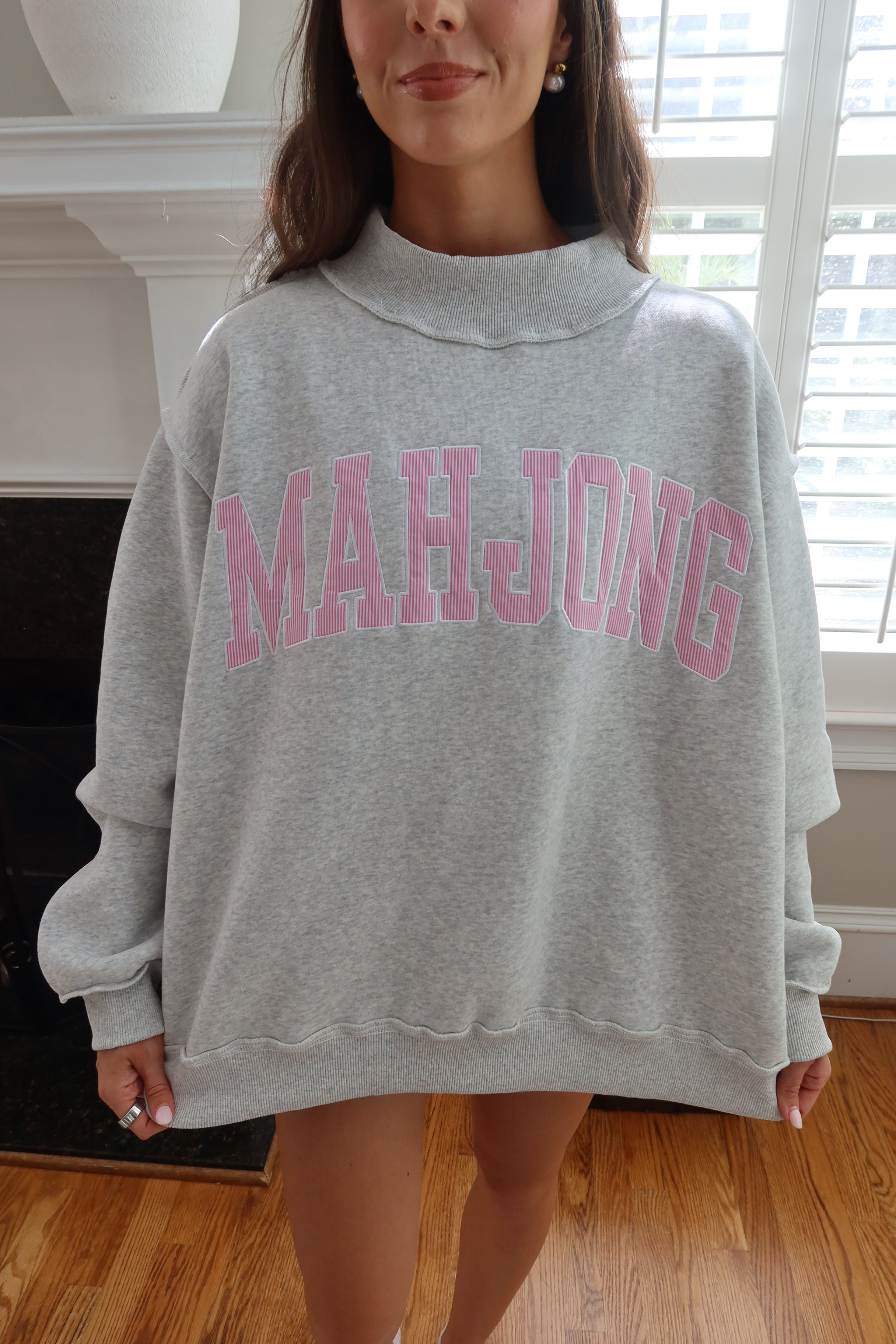 Mahjong Embroidered Sweatshirt- Heather Grey/Pink Stripe