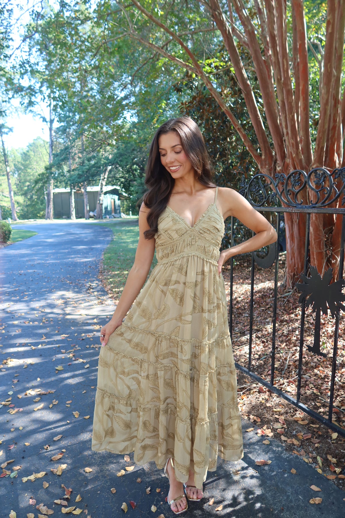 Maple Lane Tiered Maxi Dress- Beige Floral