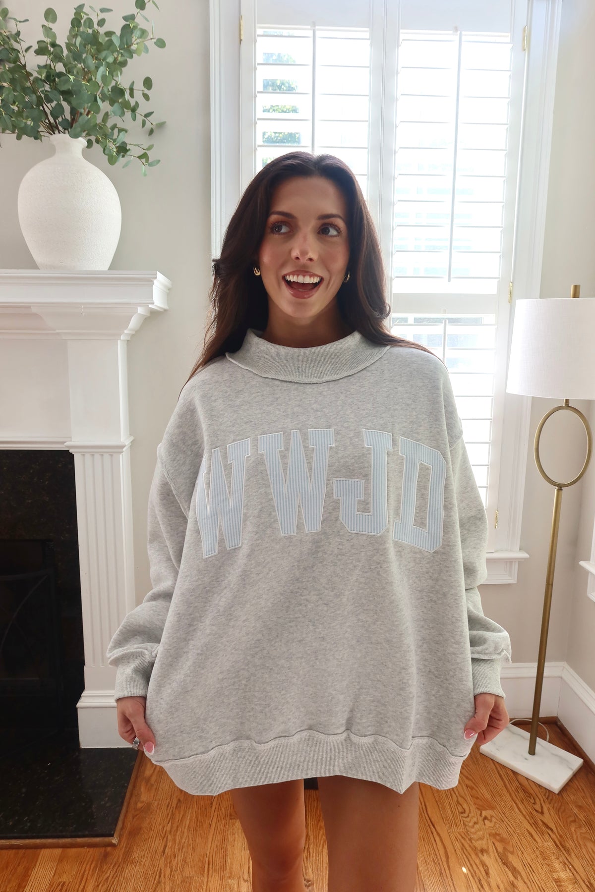WWJD Embroidered Sweatshirt- Heather Grey/Blue Stripe