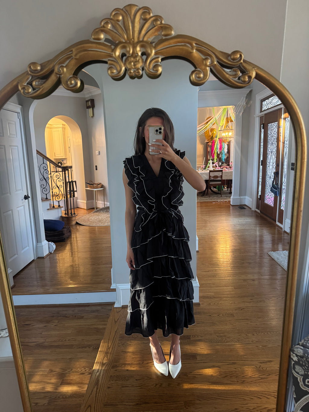 Uptown Ruffled Midi Dress- Black/White