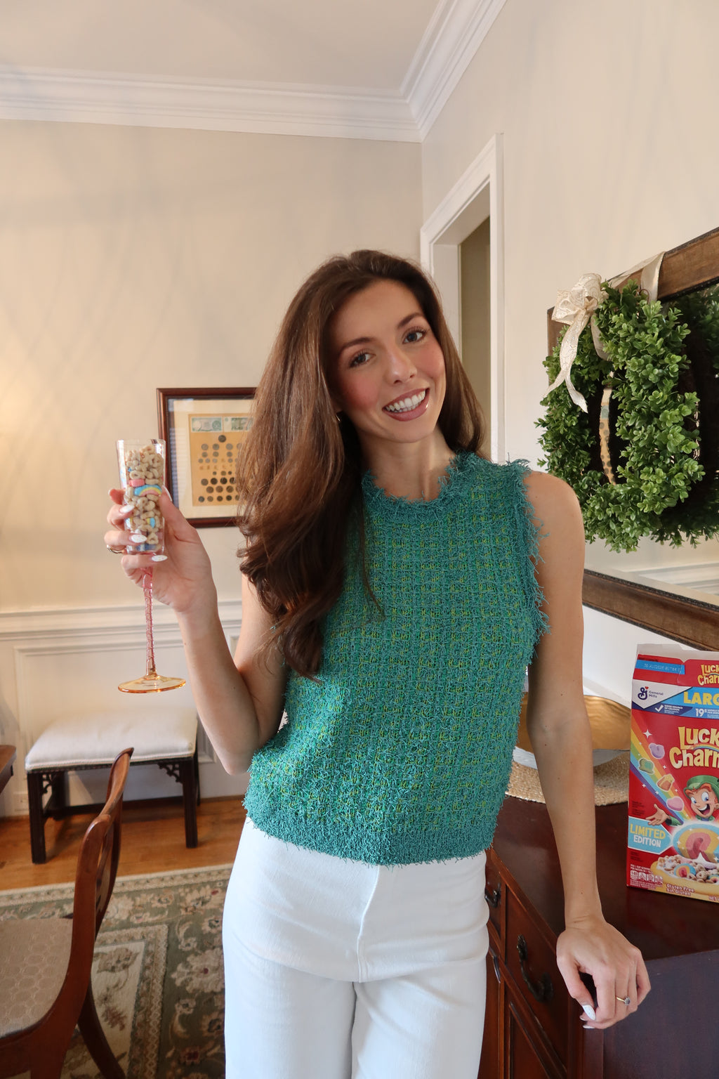 Lucky Girl Tweed Knit Vest- Green
