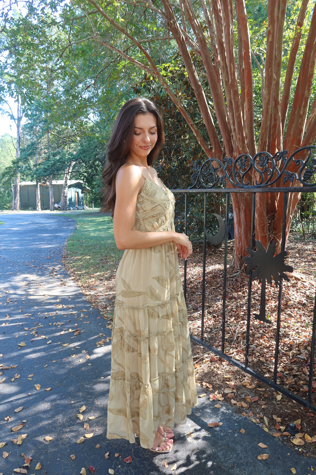 Maple Lane Tiered Maxi Dress- Beige Floral