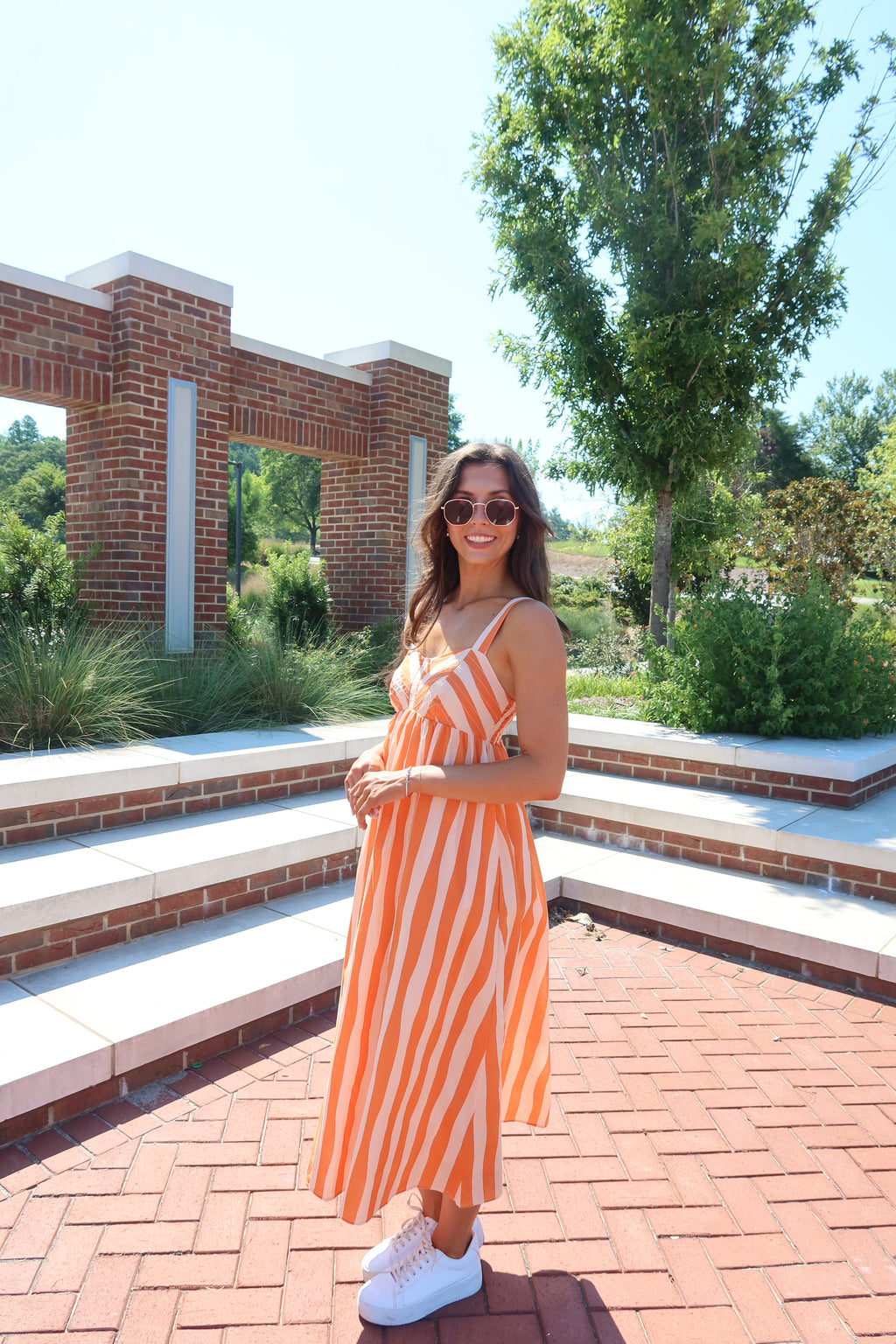 Sideline Stripe Midi Dress- Orange/Cream