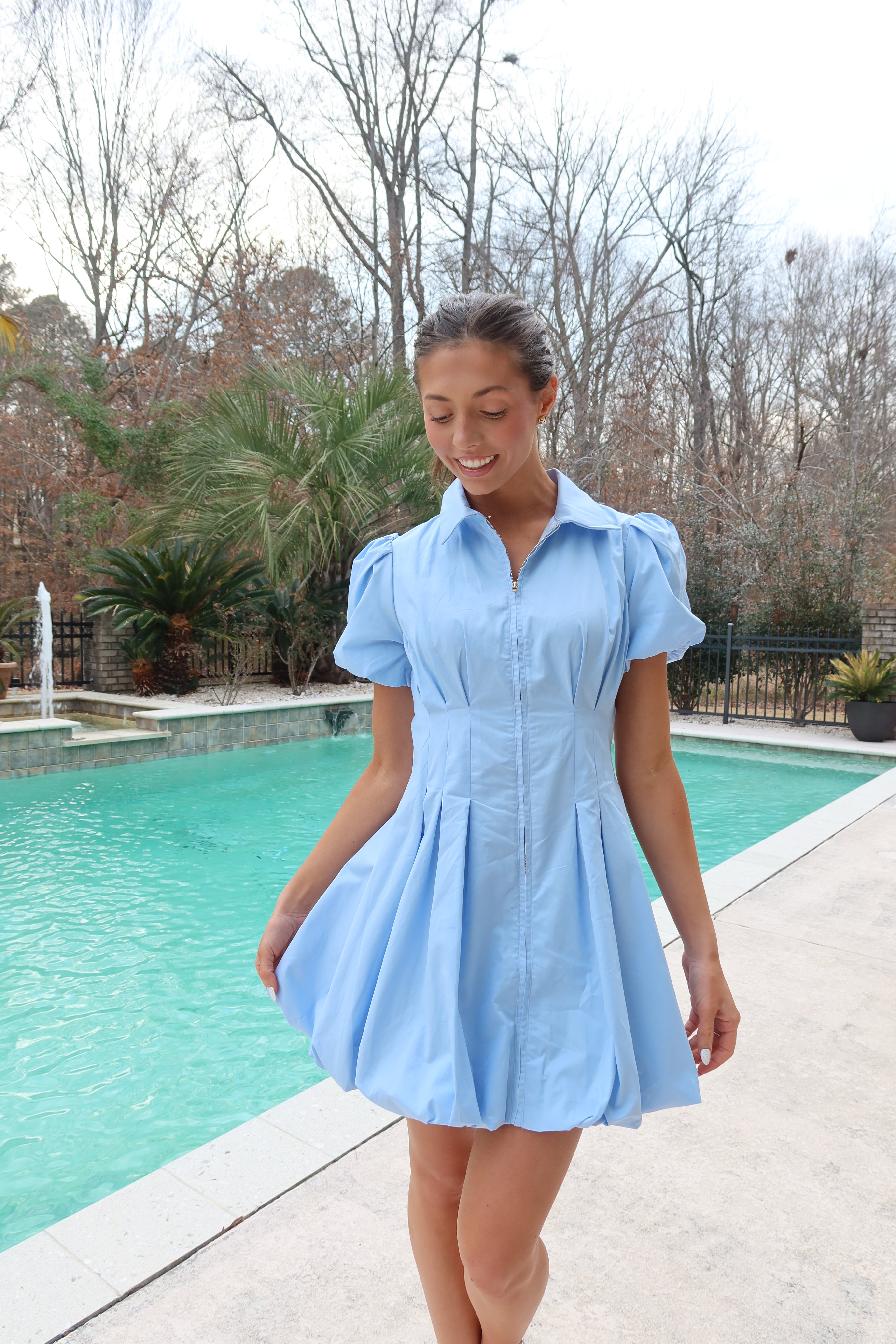 Poppy Bubble Sleeve Mini Dress- Baby Blue - Small Poppy Bubble Sleeve Mini Dress- Baby Blue - Small