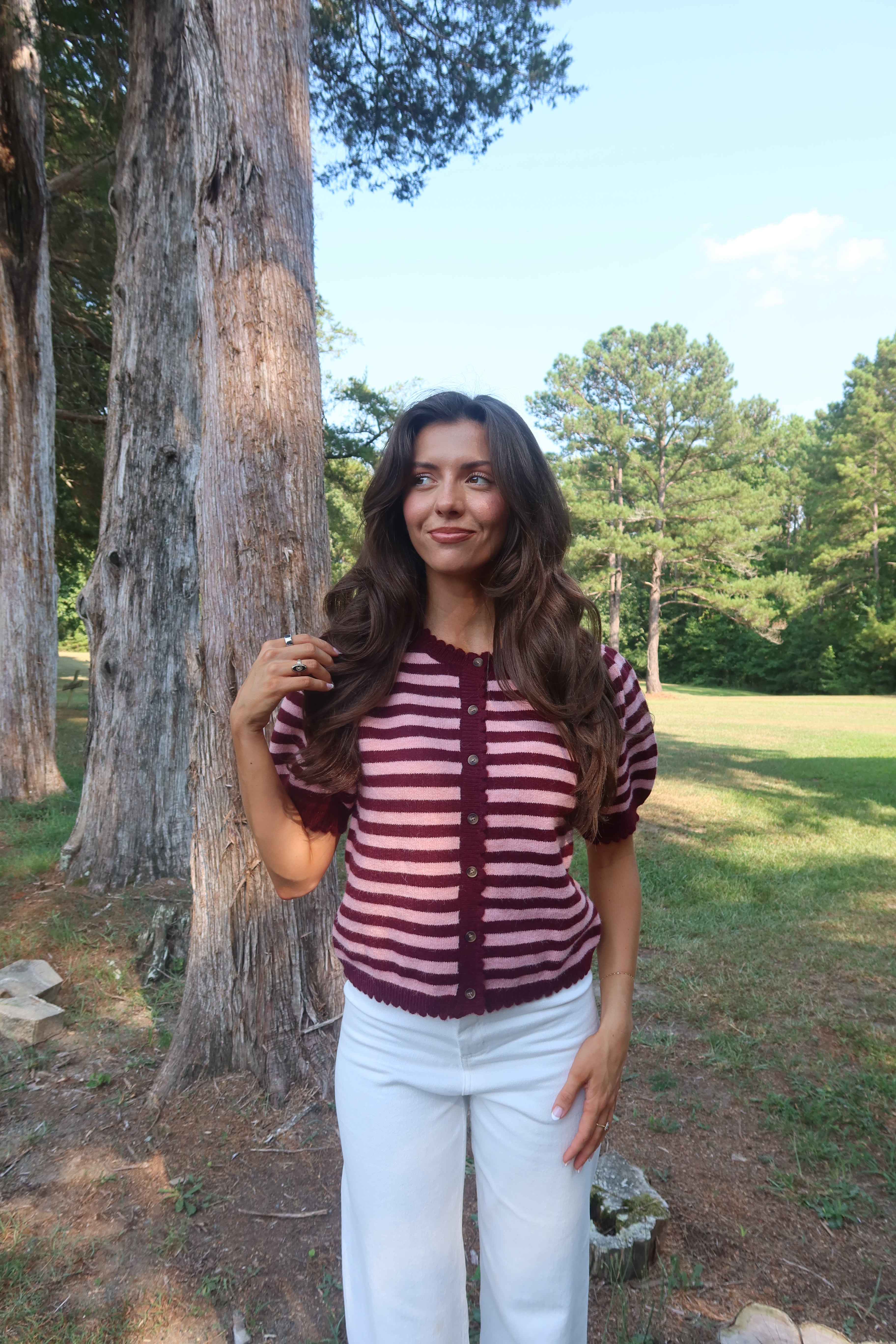Berry Sweet Striped Cardigan- Pink/Burgundy