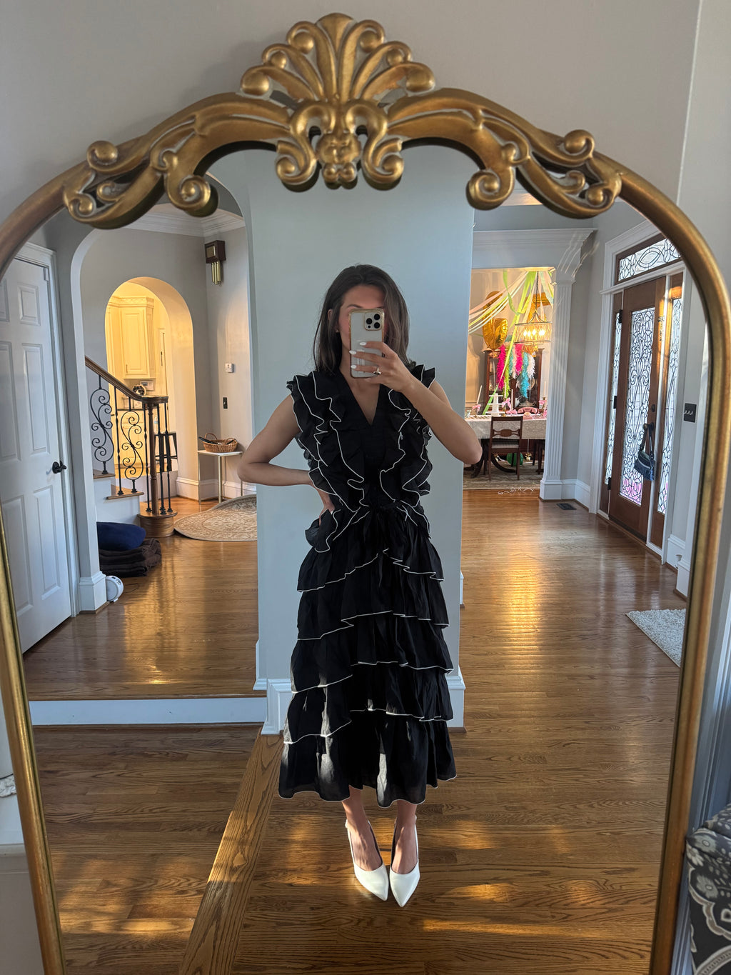 Uptown Ruffled Midi Dress- Black/White