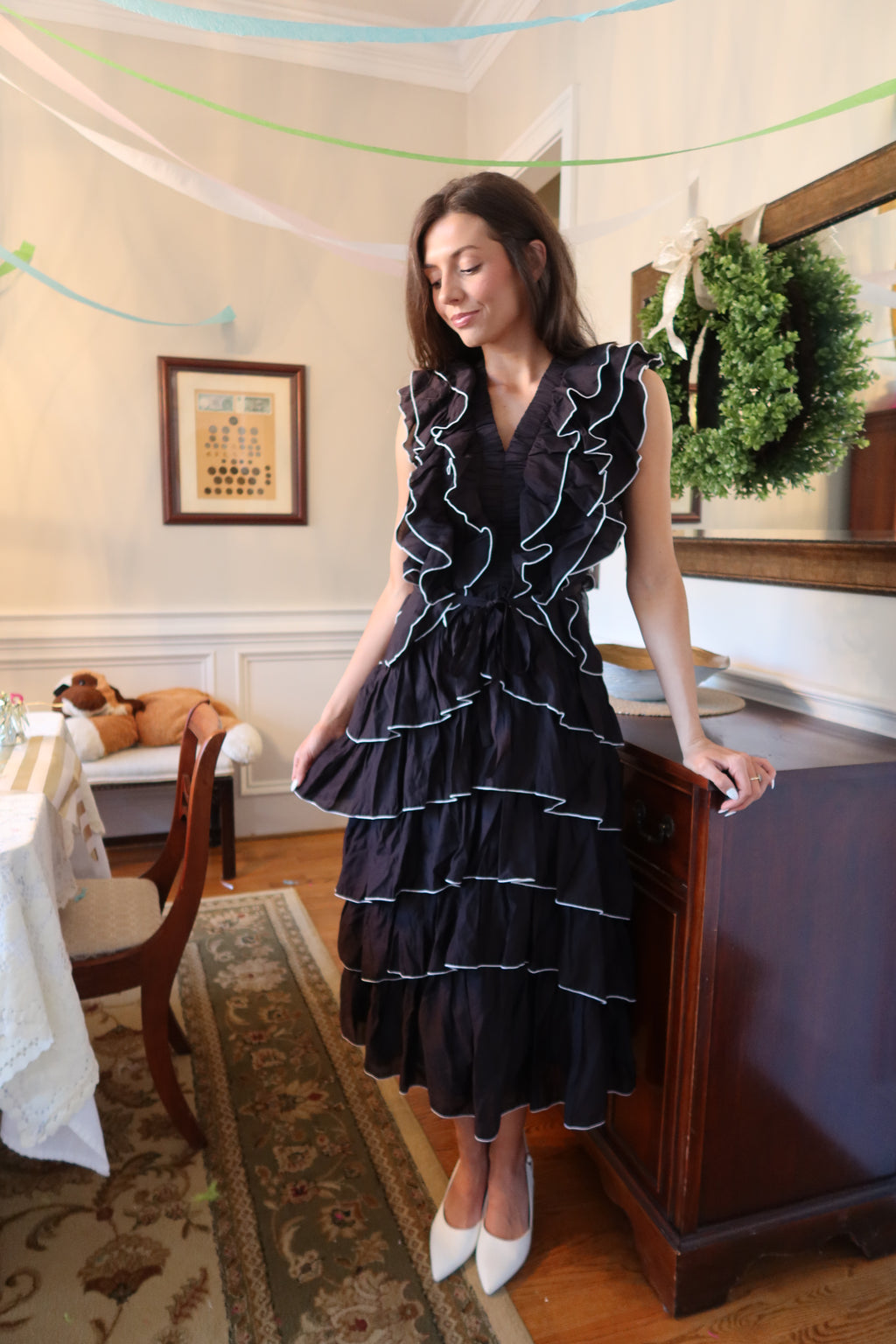 Uptown Ruffled Midi Dress- Black/White