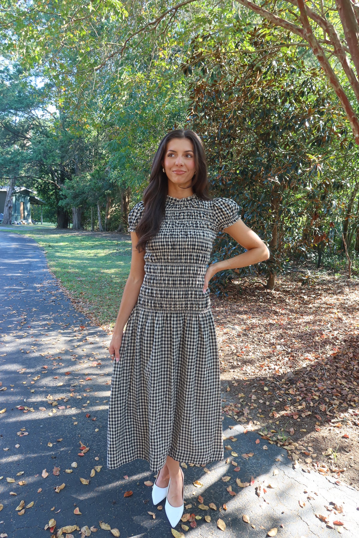 Glenwood Gingham Maxi Dress- Black/Taupe