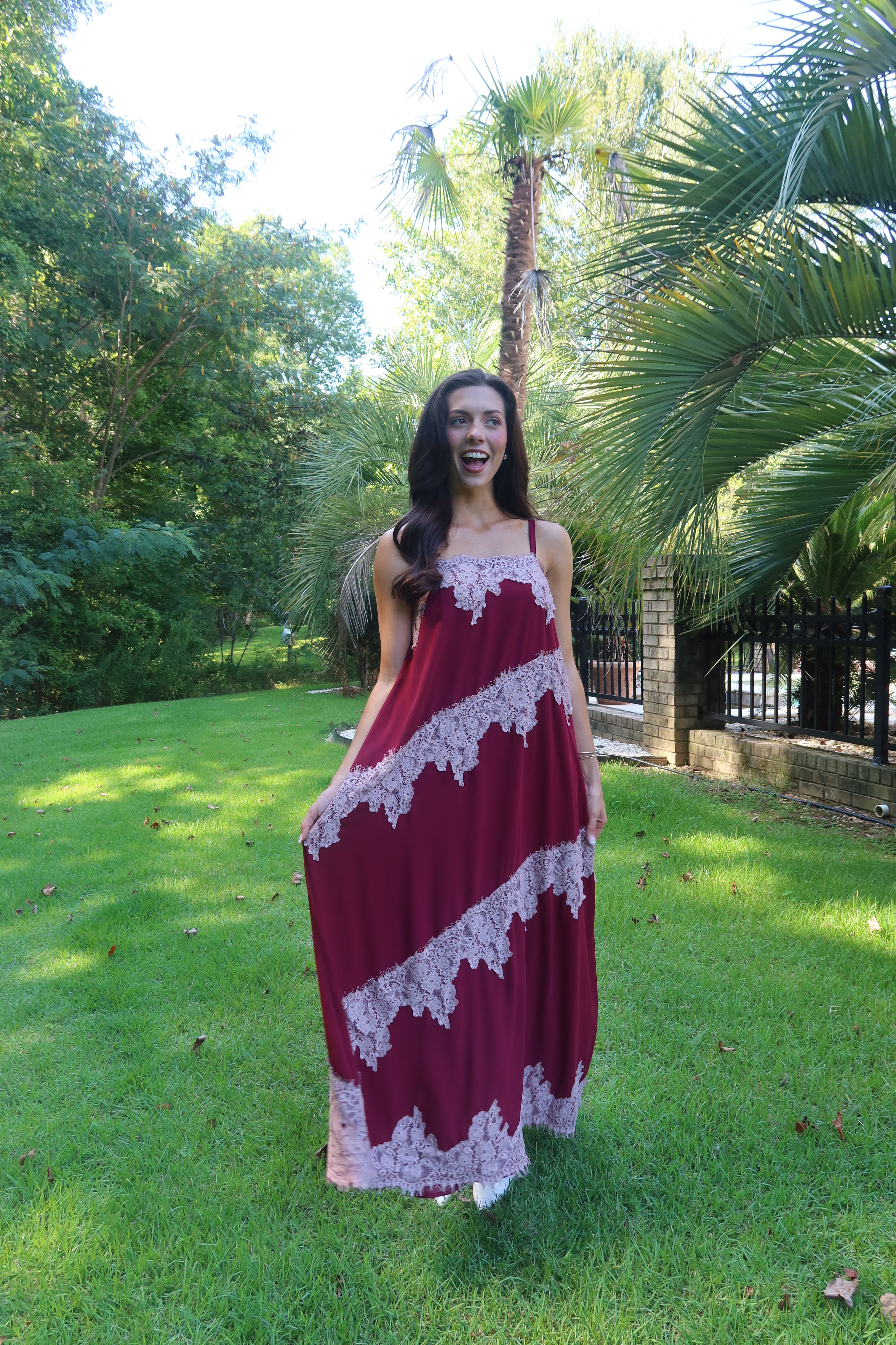 Cranberry Lace Dreams Maxi Dress- Burgundy