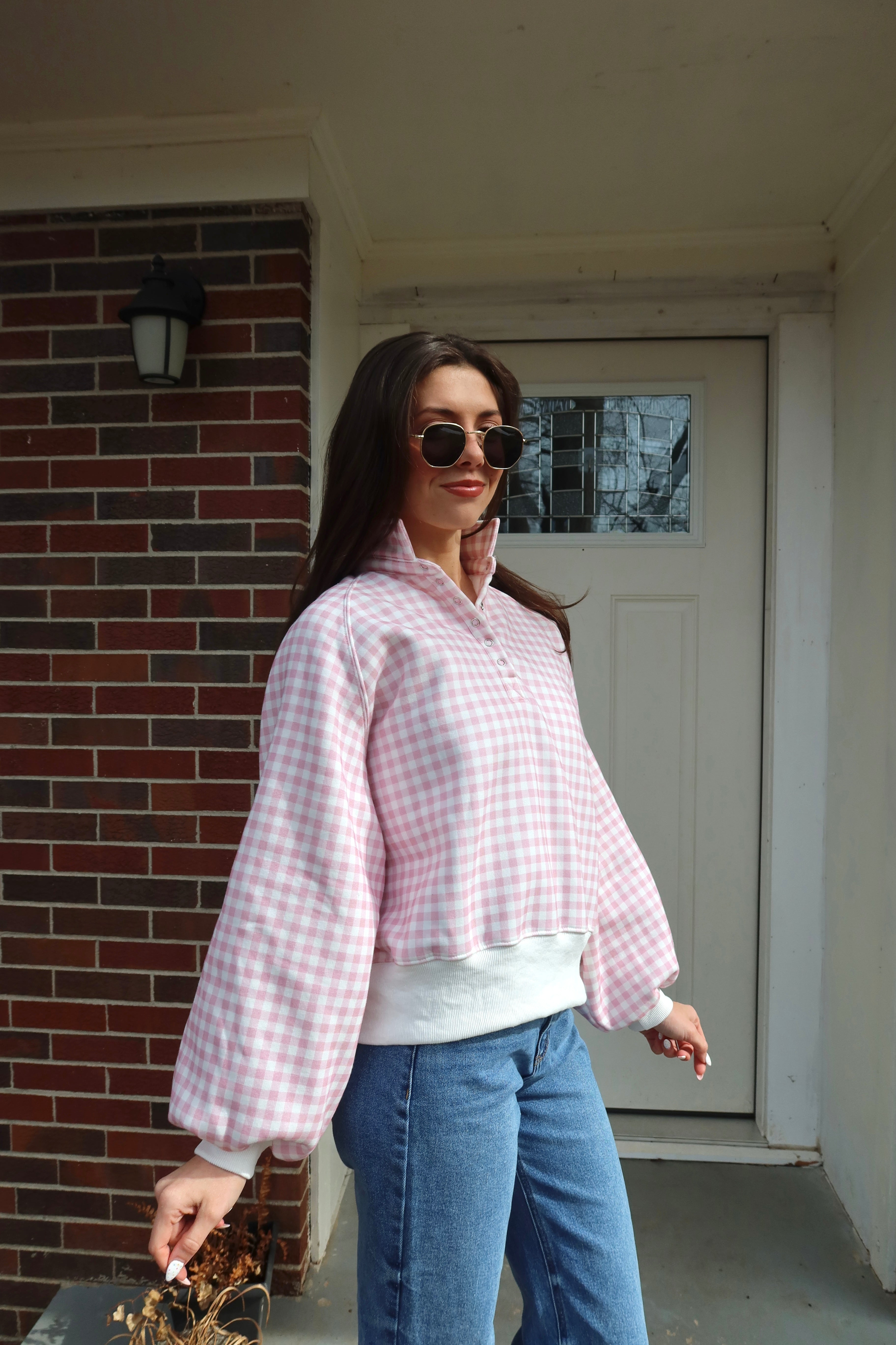 Checkered Snap Pullover- Pink/White